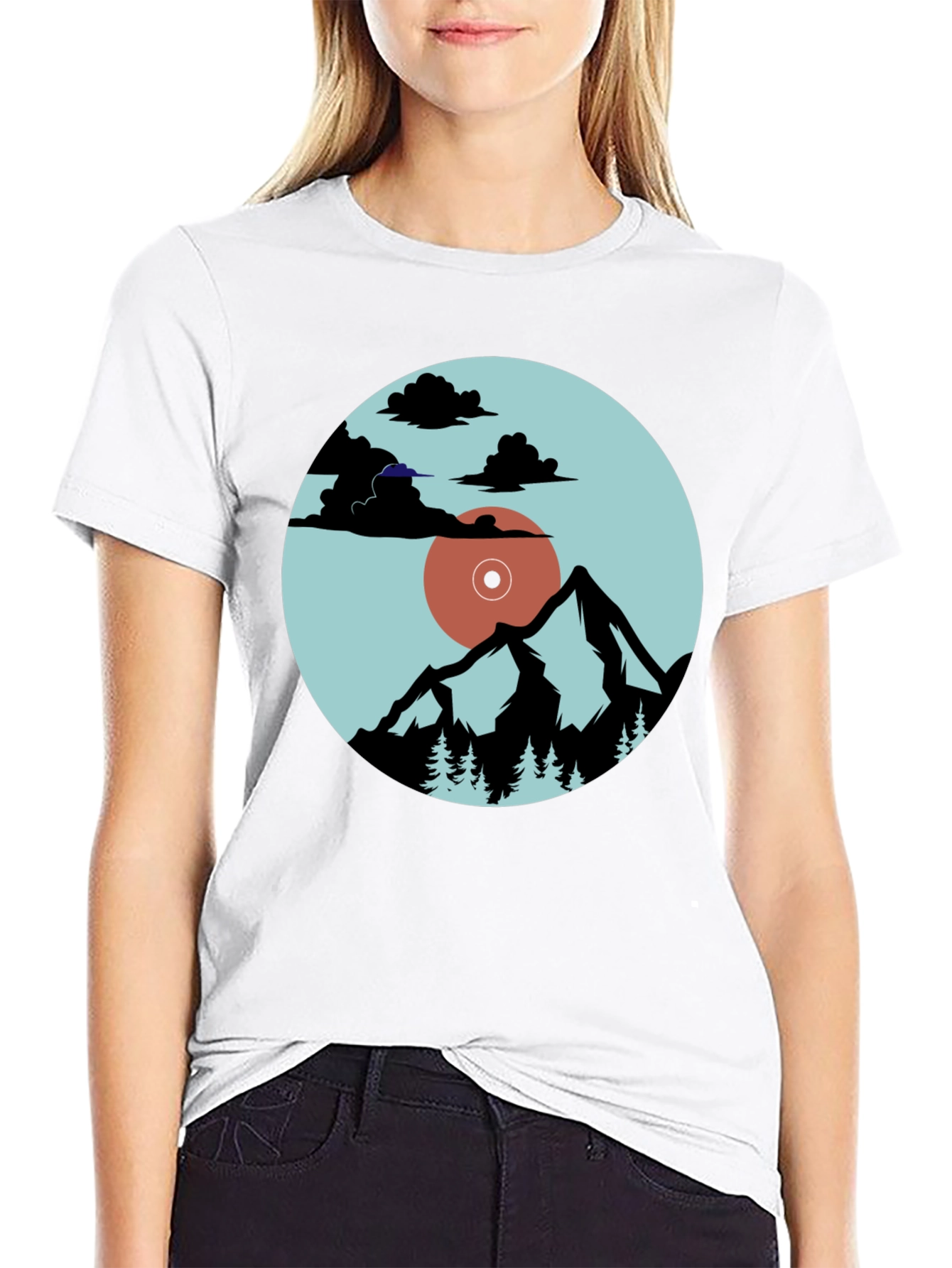 Mountains & Vinyl Record Graphic T-Shirt