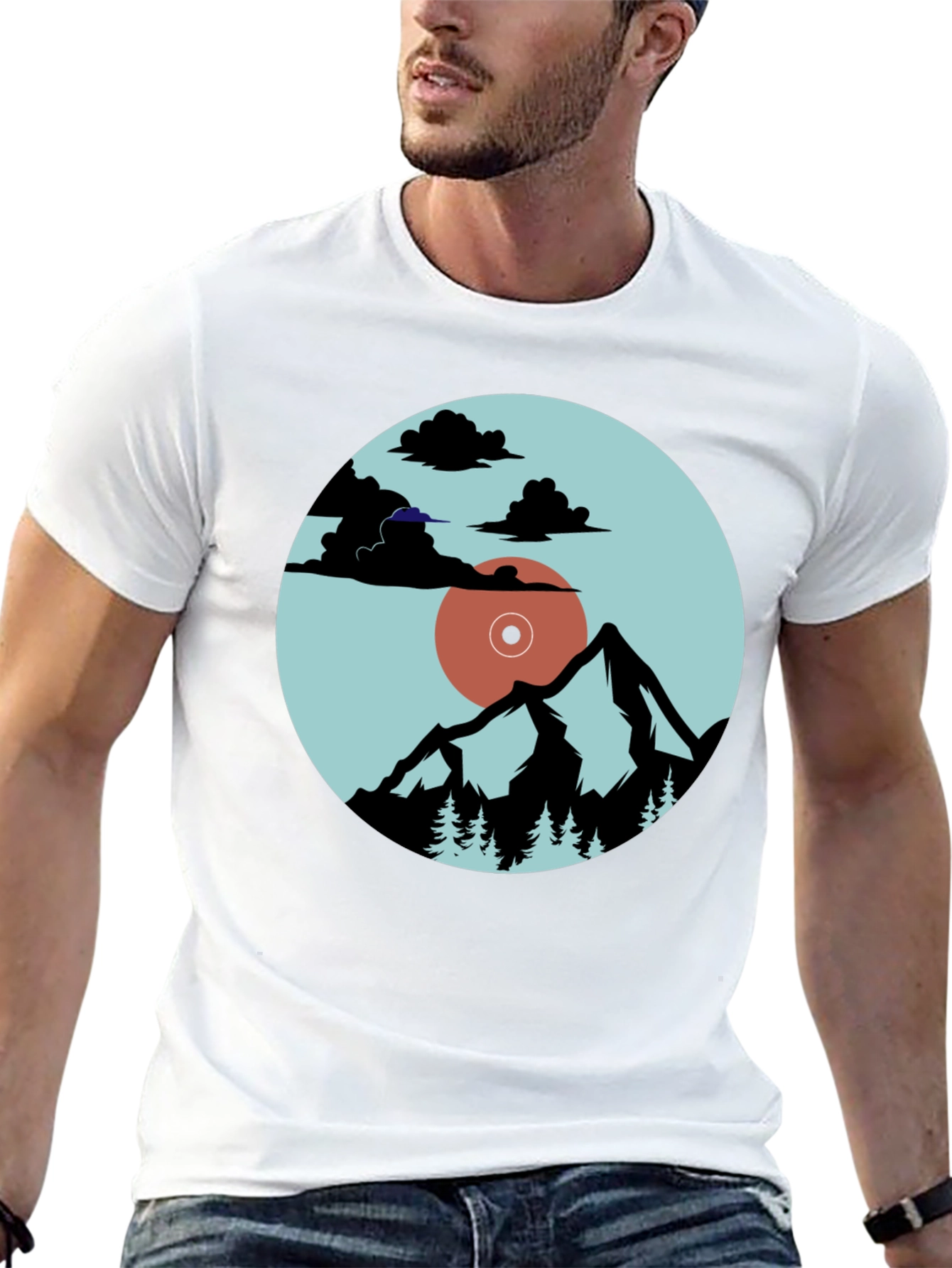 Mountains & Vinyl Record Graphic T-Shirt
