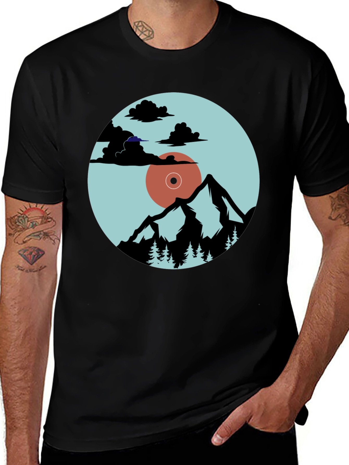 Mountains & Vinyl Record Graphic T-Shirt