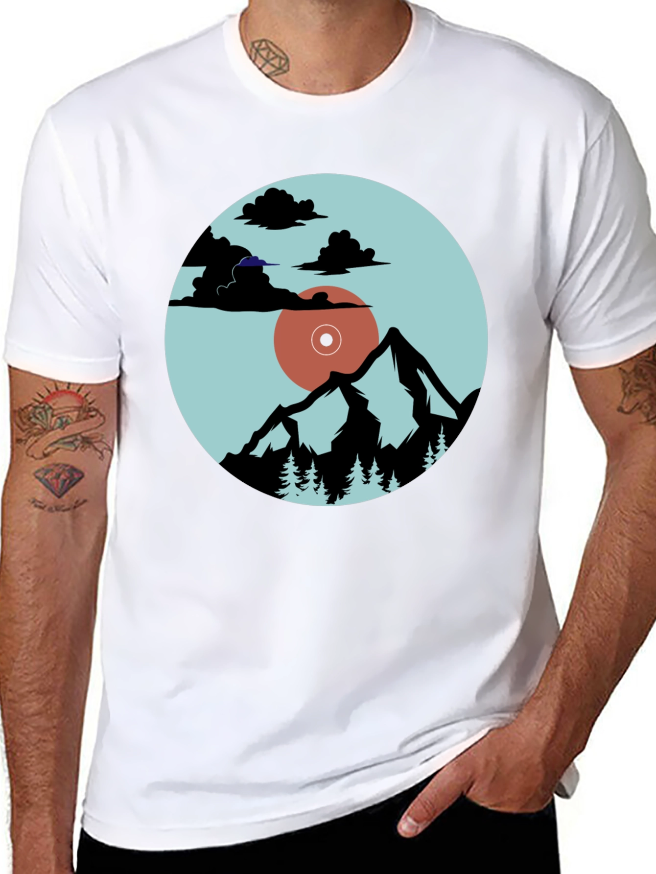Mountains & Vinyl Record Graphic T-Shirt