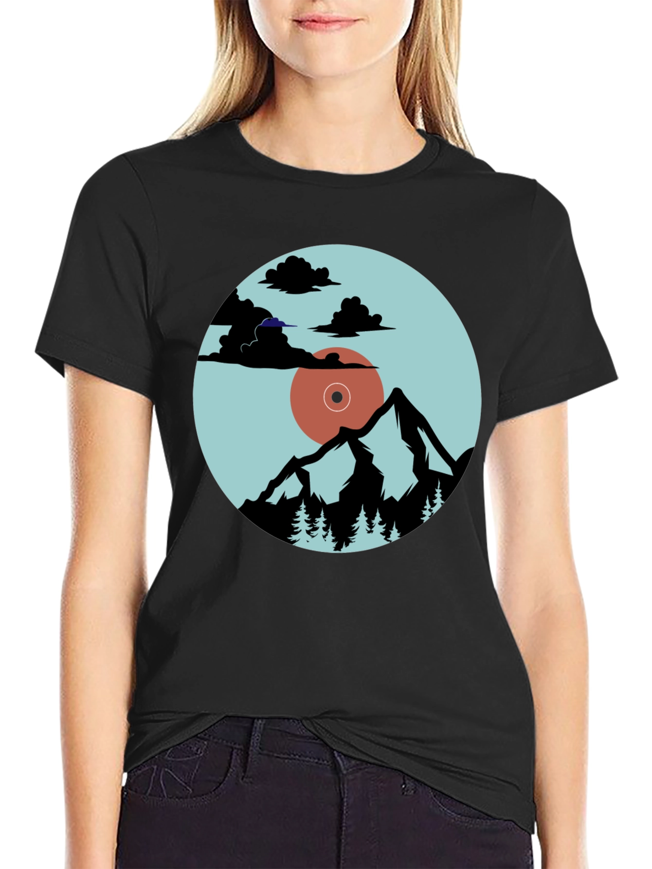 Mountains & Vinyl Record Graphic T-Shirt