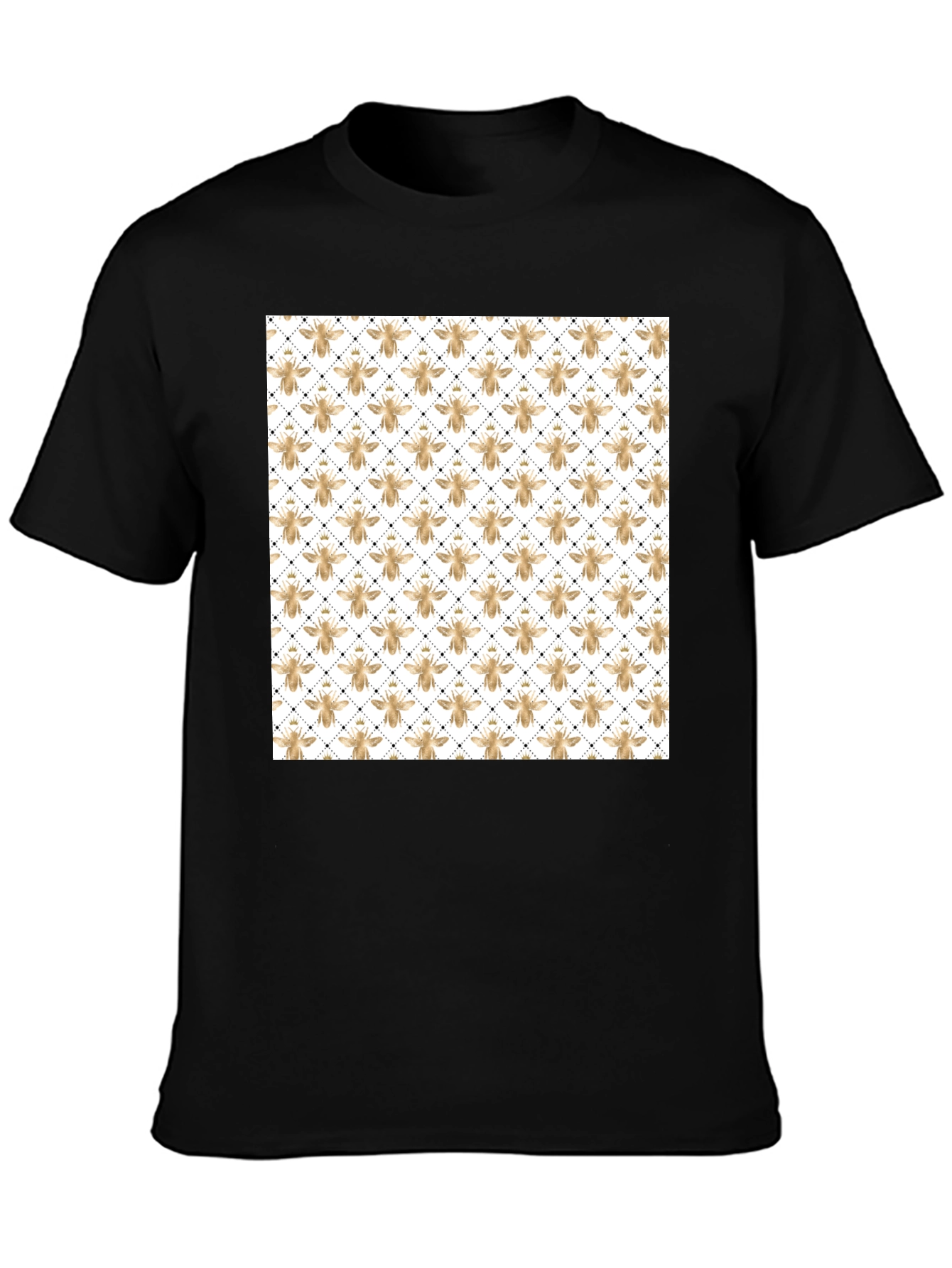 Mens Black T-Shirt with Golden Honeycomb Bee Pattern