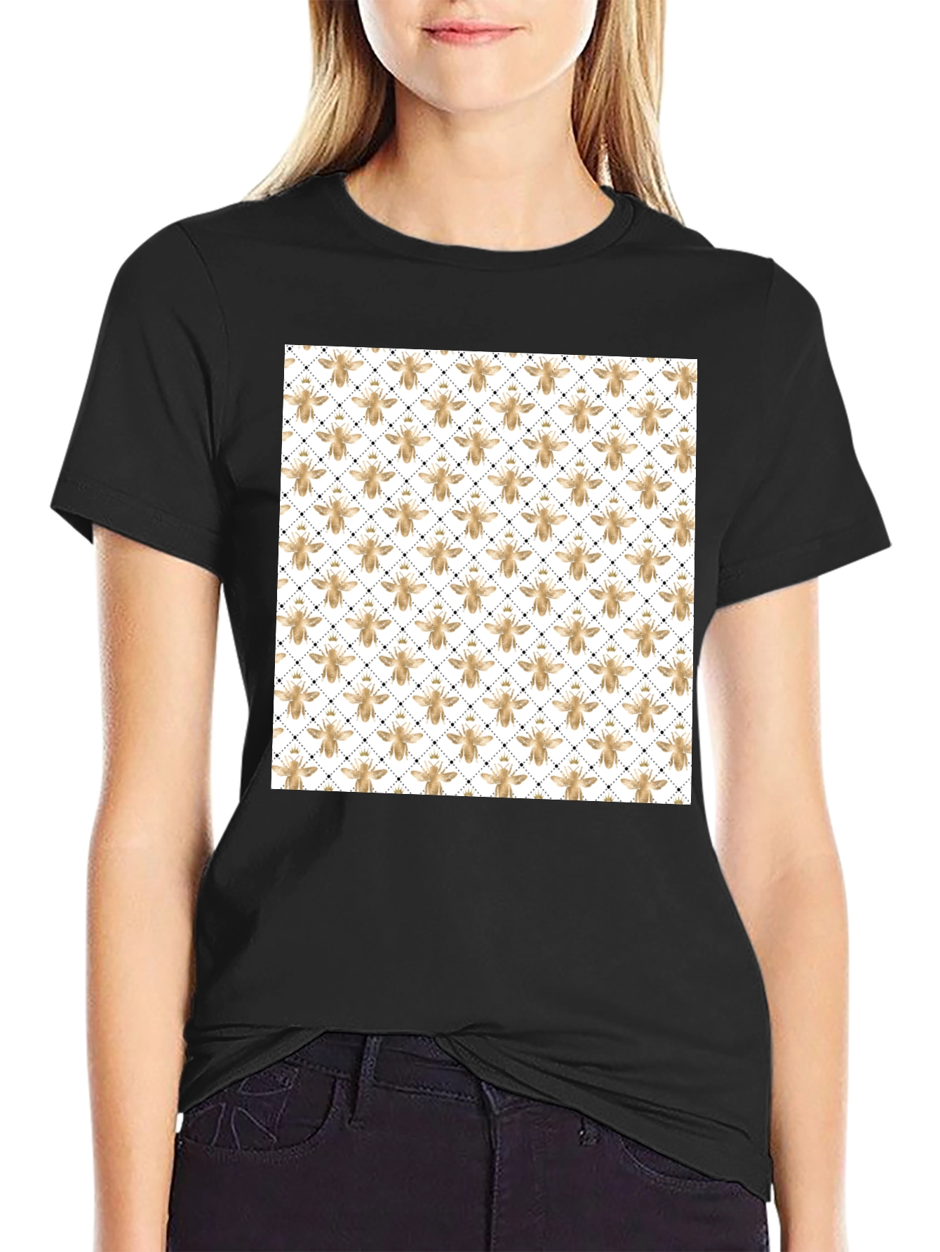 Mens Black T-Shirt with Golden Honeycomb Bee Pattern