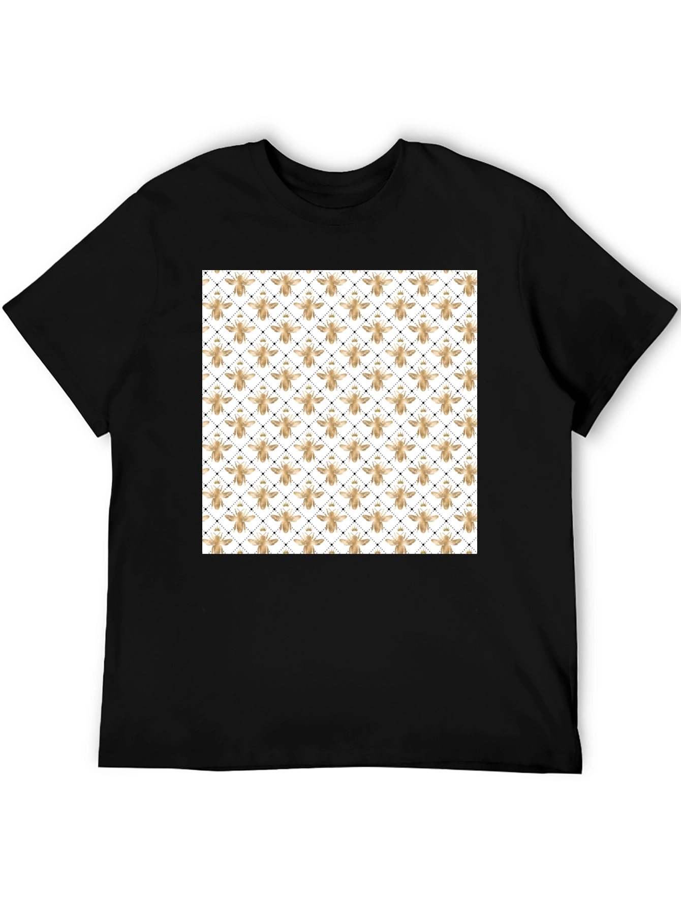 Mens Black T-Shirt with Golden Honeycomb Bee Pattern