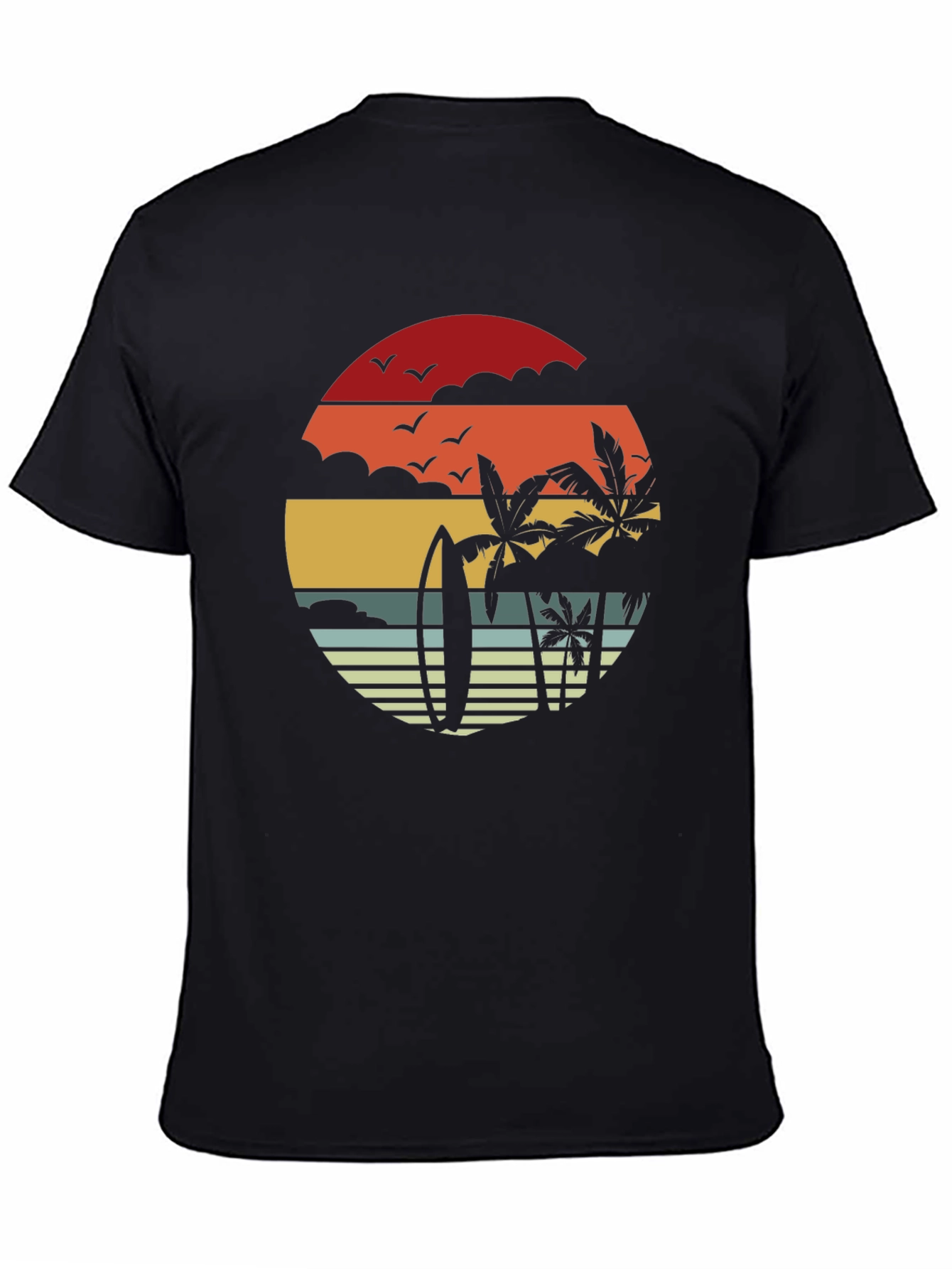 Retro Sunset Surfboard & Palms Black T-Shirt