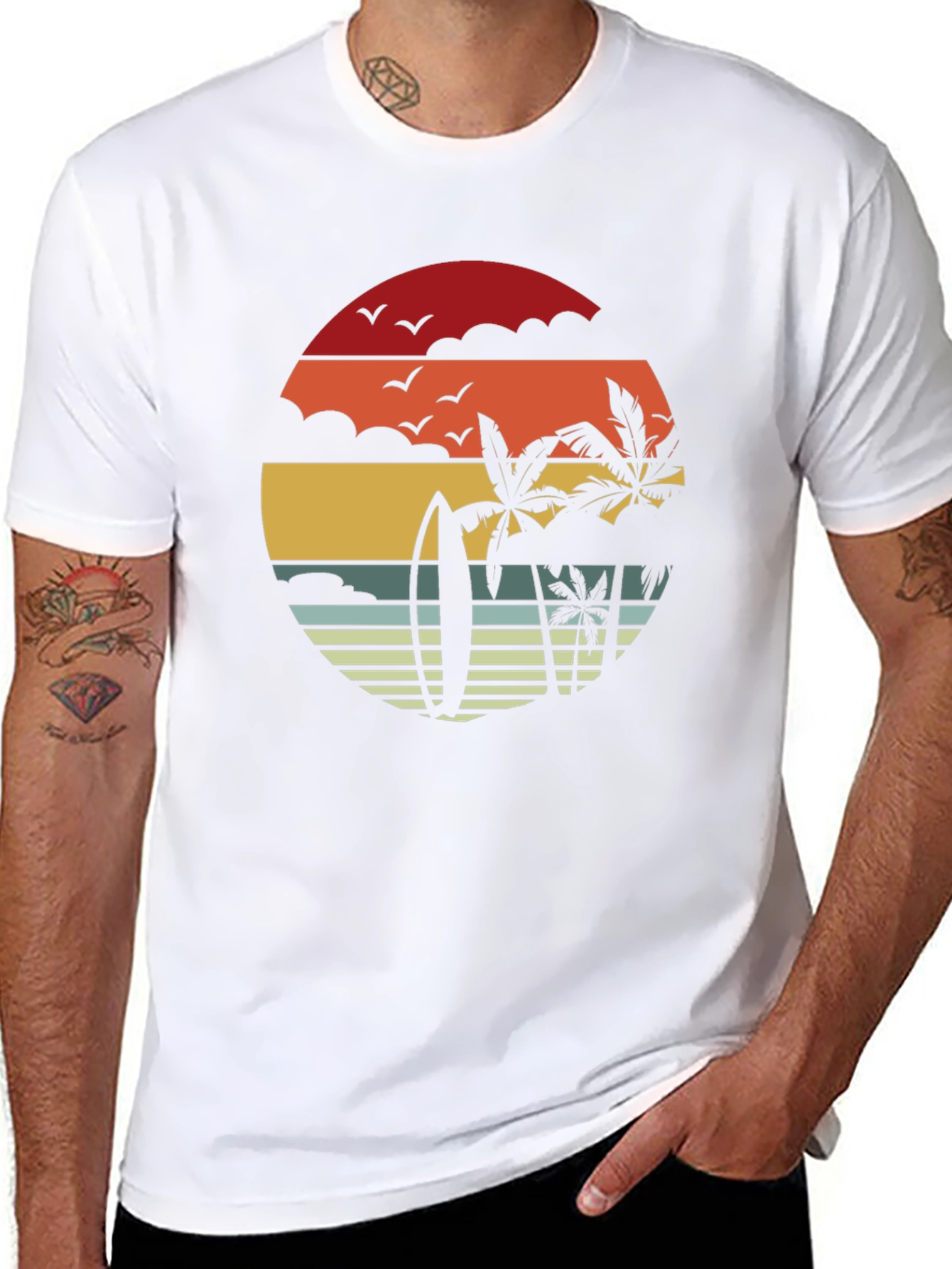 Retro Sunset Surfboard & Palms Black T-Shirt