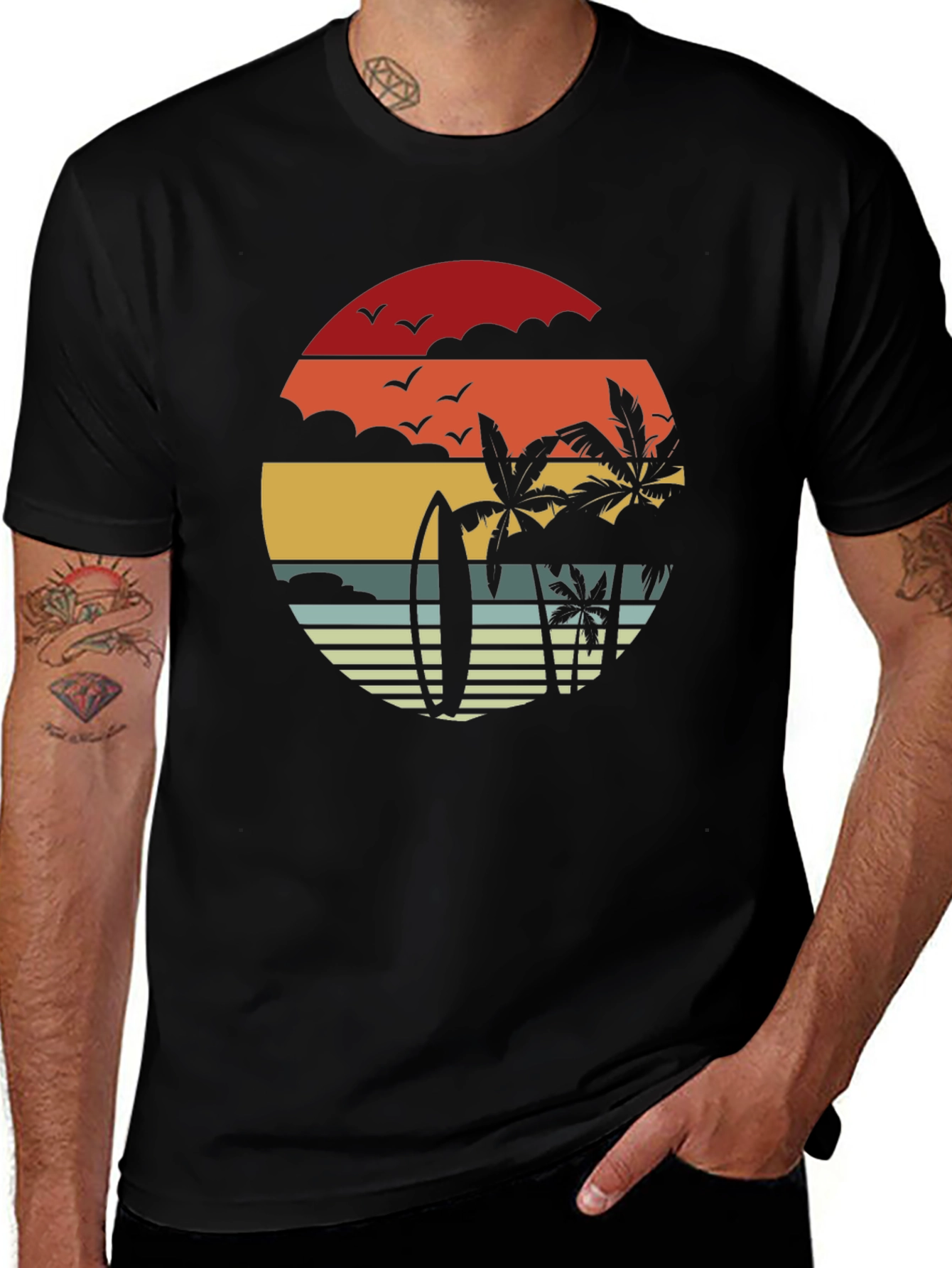 Retro Sunset Surfboard & Palms Black T-Shirt
