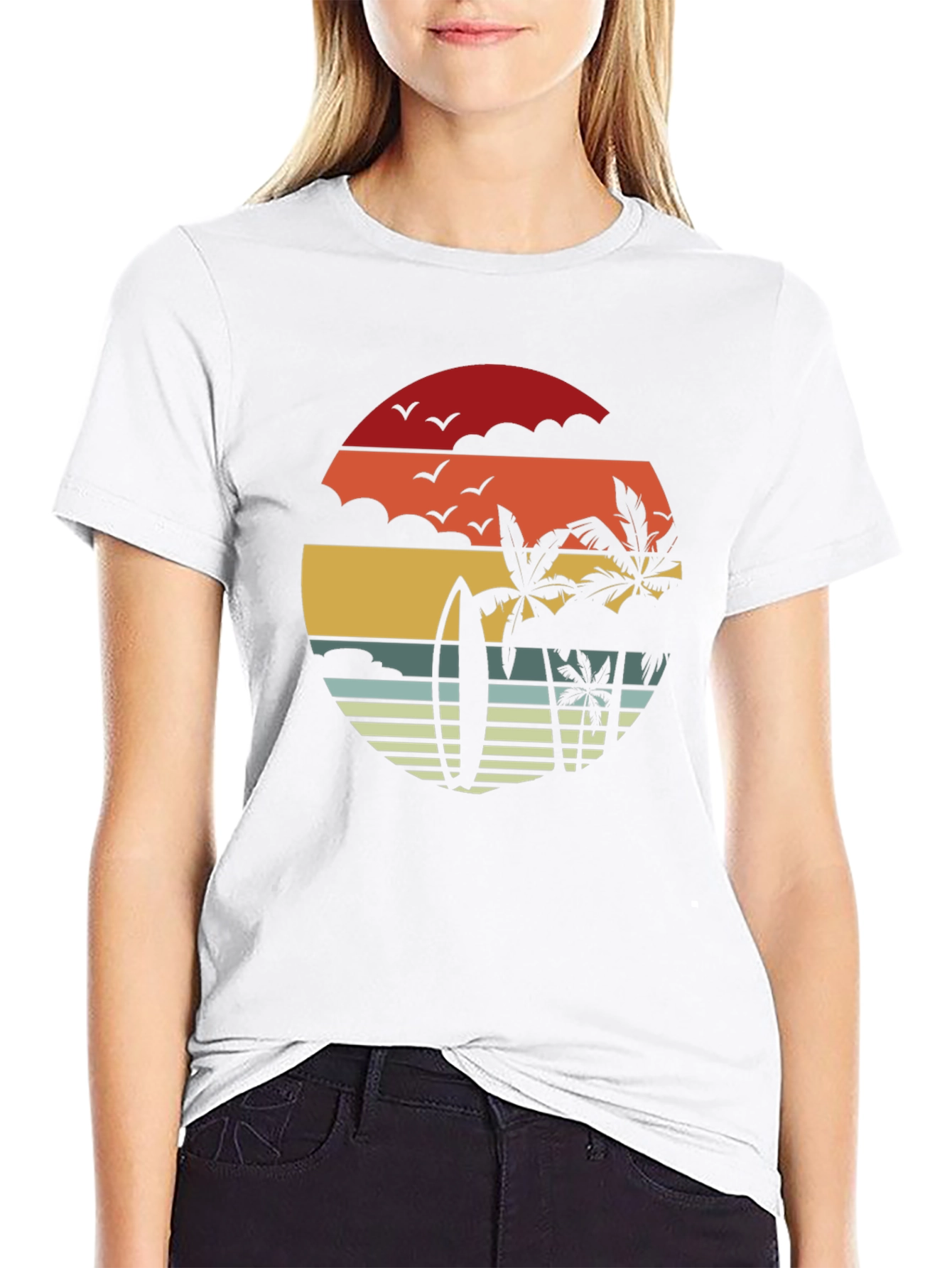 Retro Sunset Surfboard & Palms Black T-Shirt