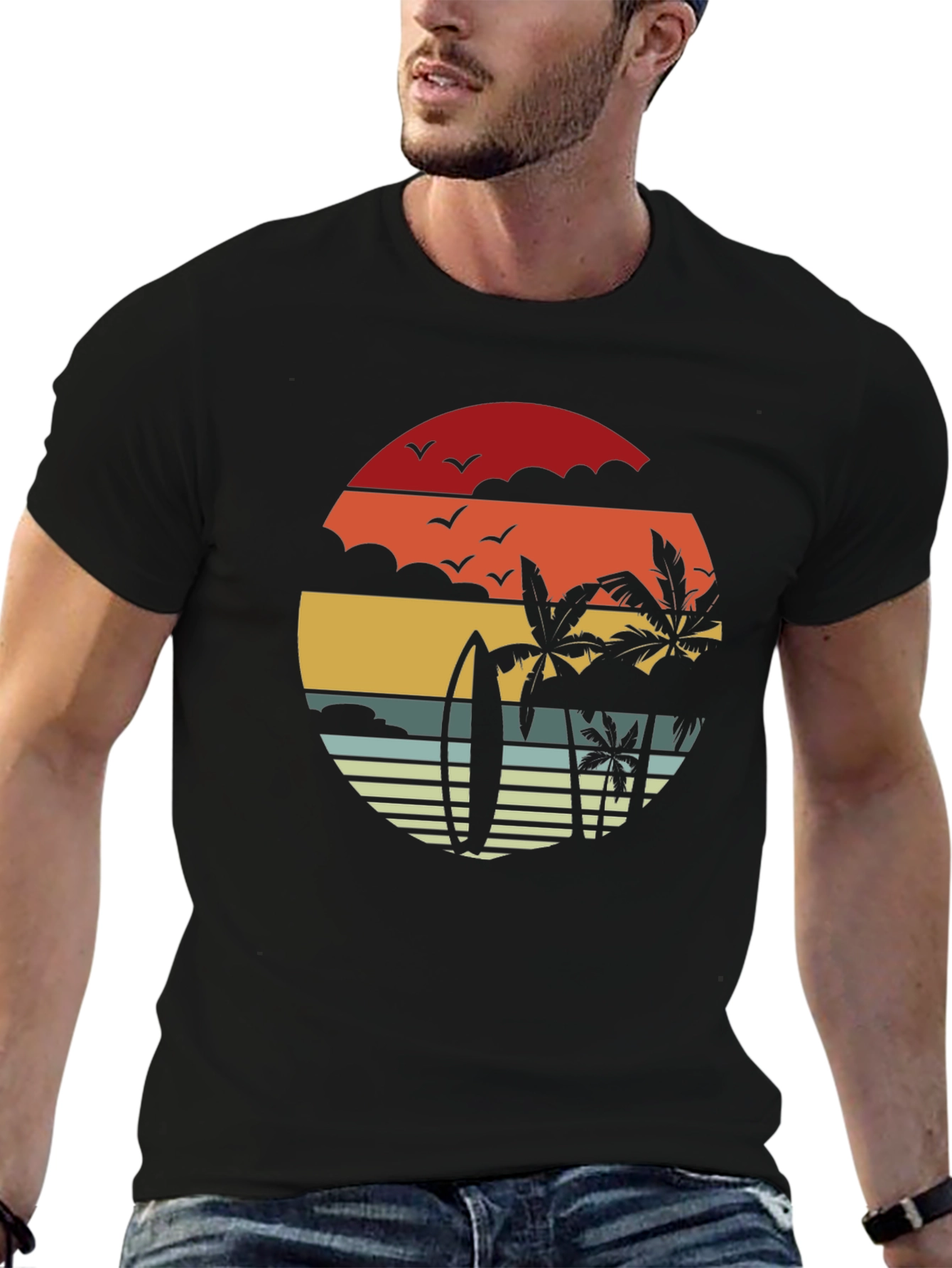 Retro Sunset Surfboard & Palms Black T-Shirt