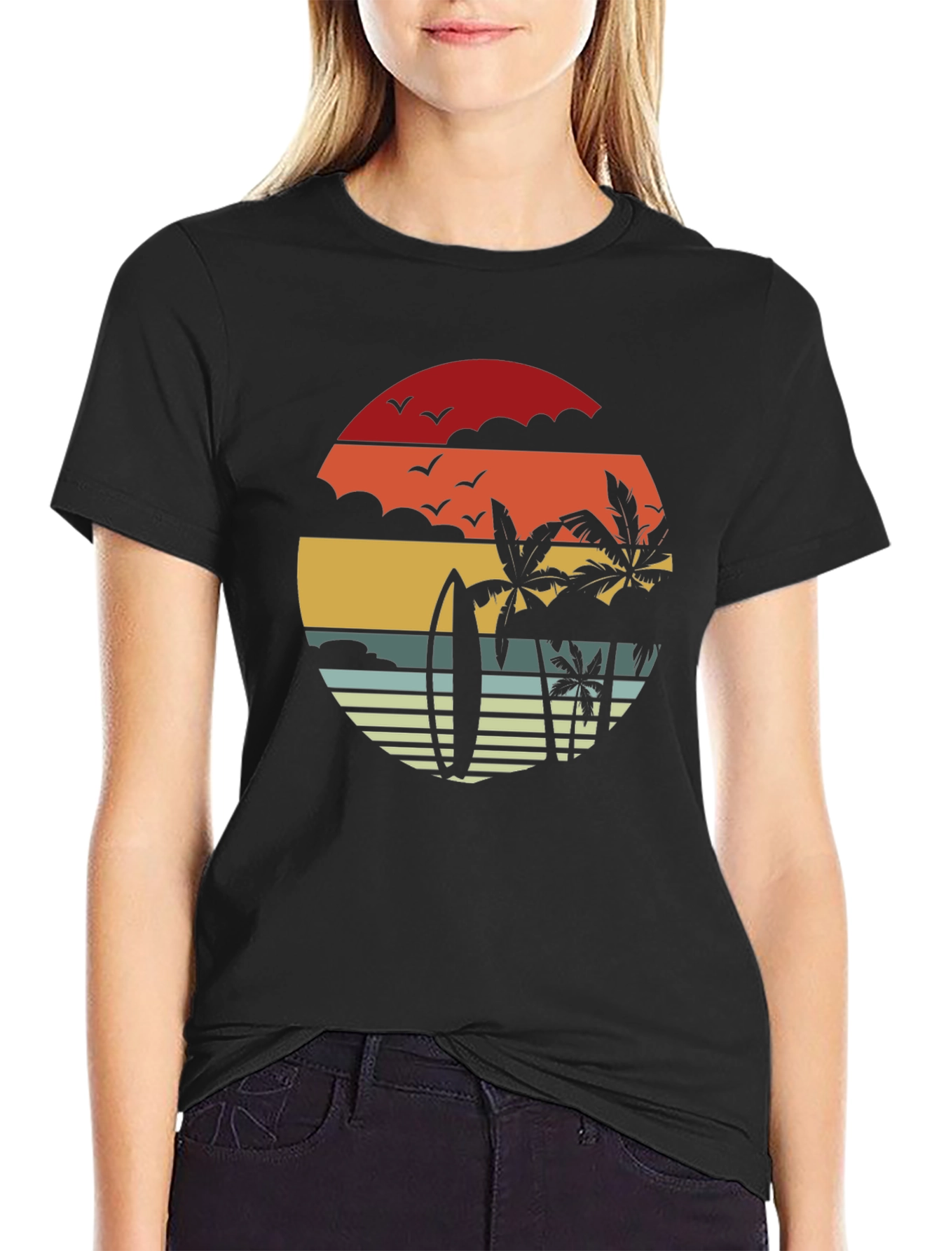 Retro Sunset Surfboard & Palms Black T-Shirt