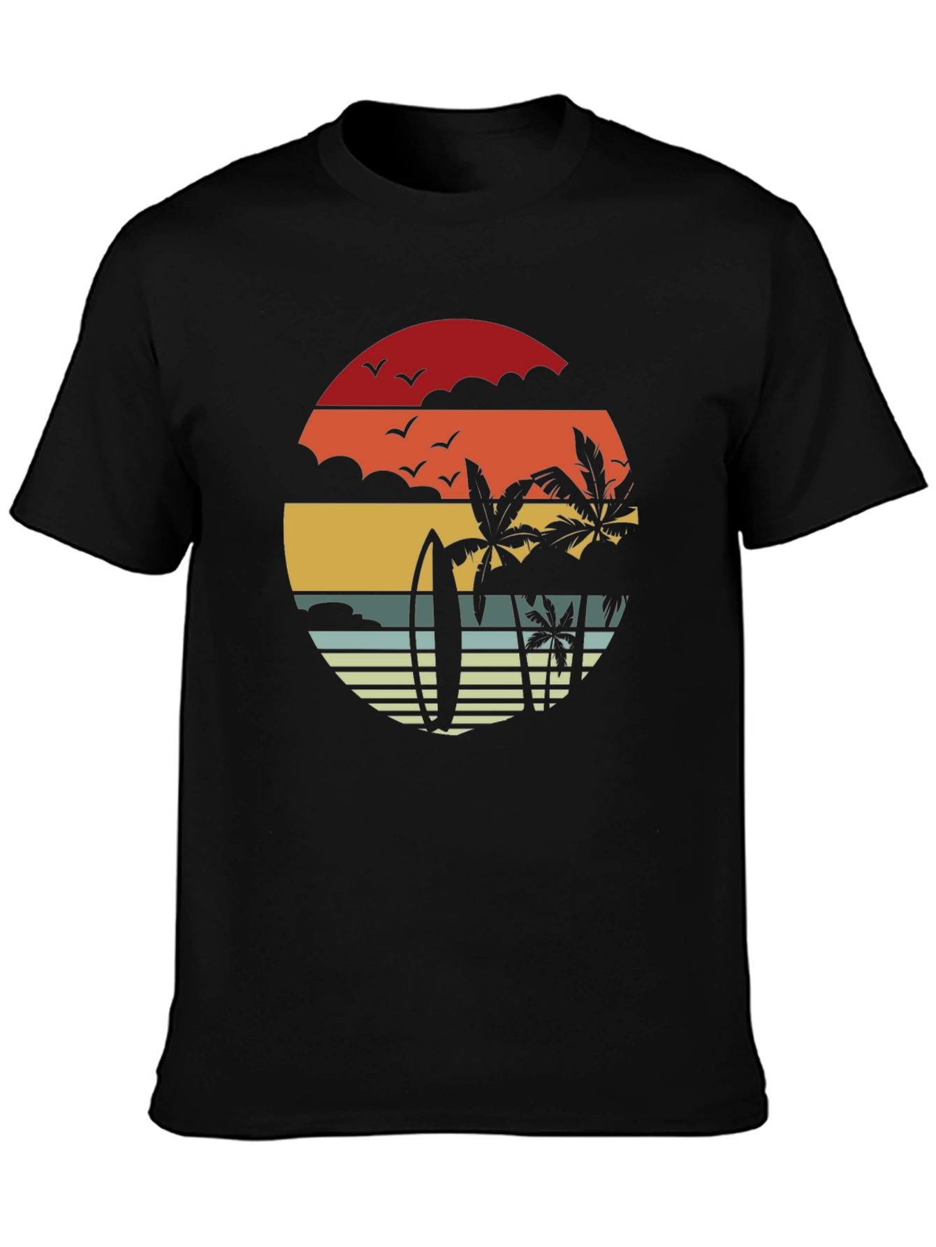 Retro Sunset Surfboard & Palms Black T-Shirt