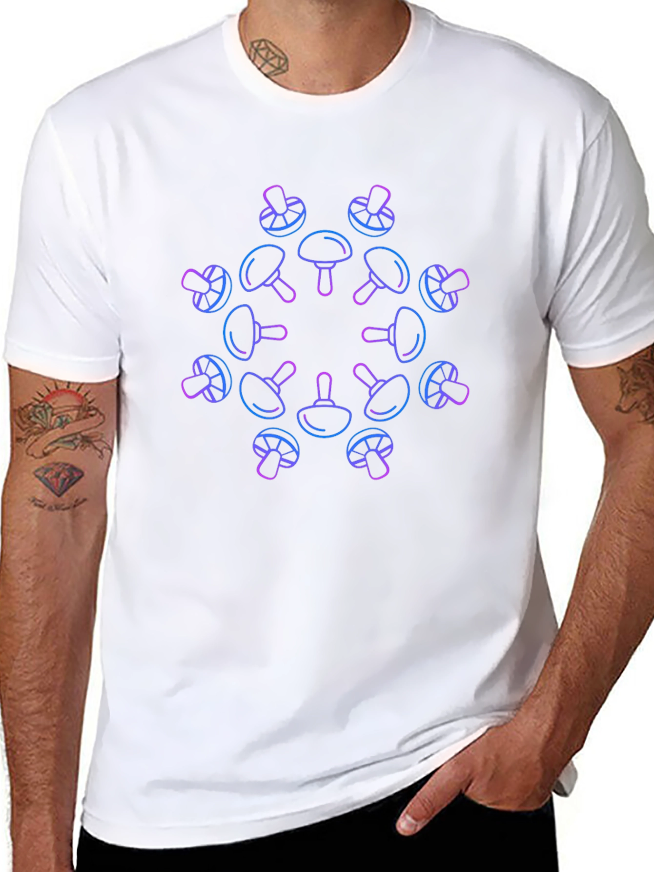 Neon Mushroom Pattern Black T-Shirt
