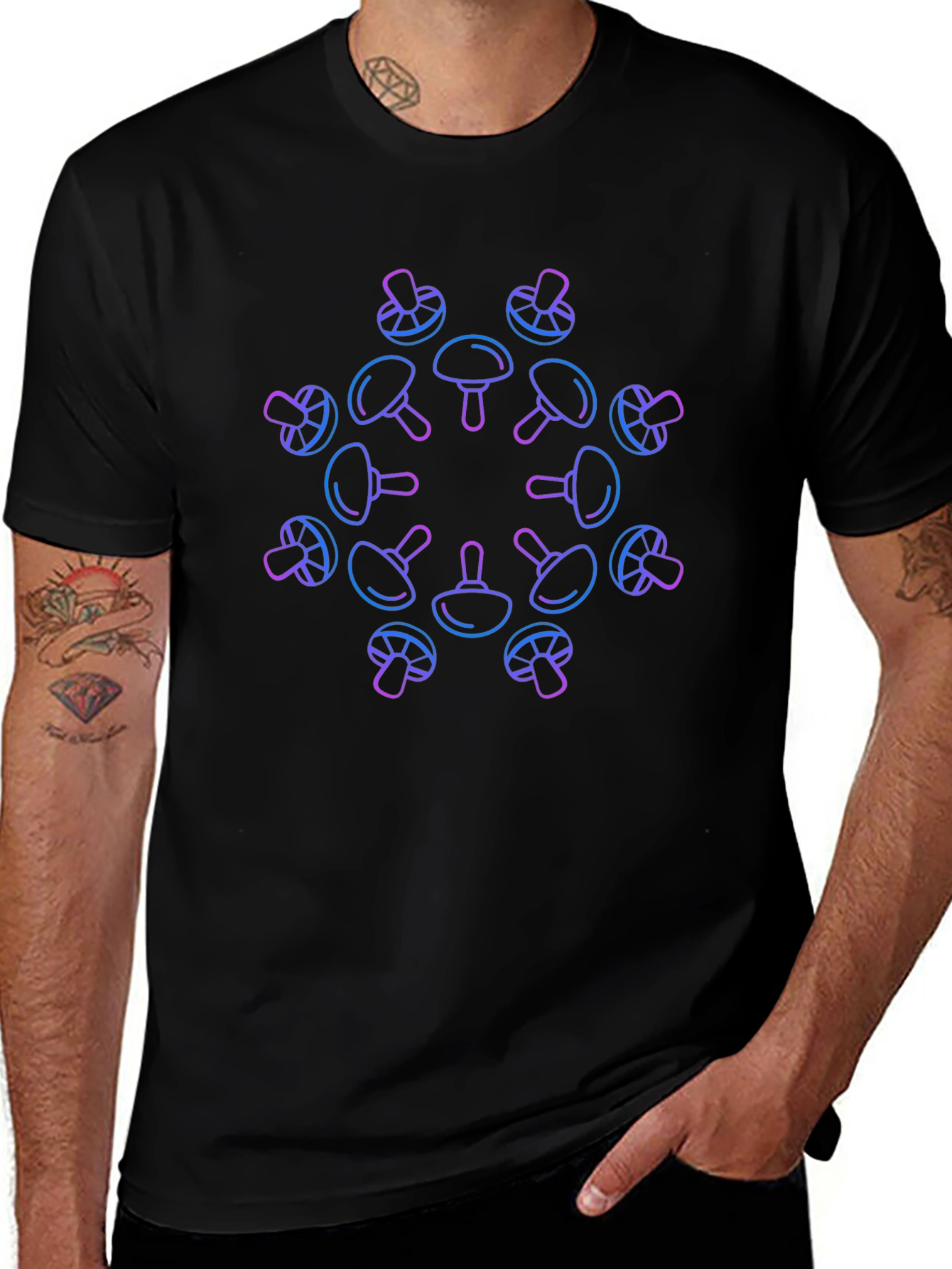 Neon Mushroom Pattern Black T-Shirt