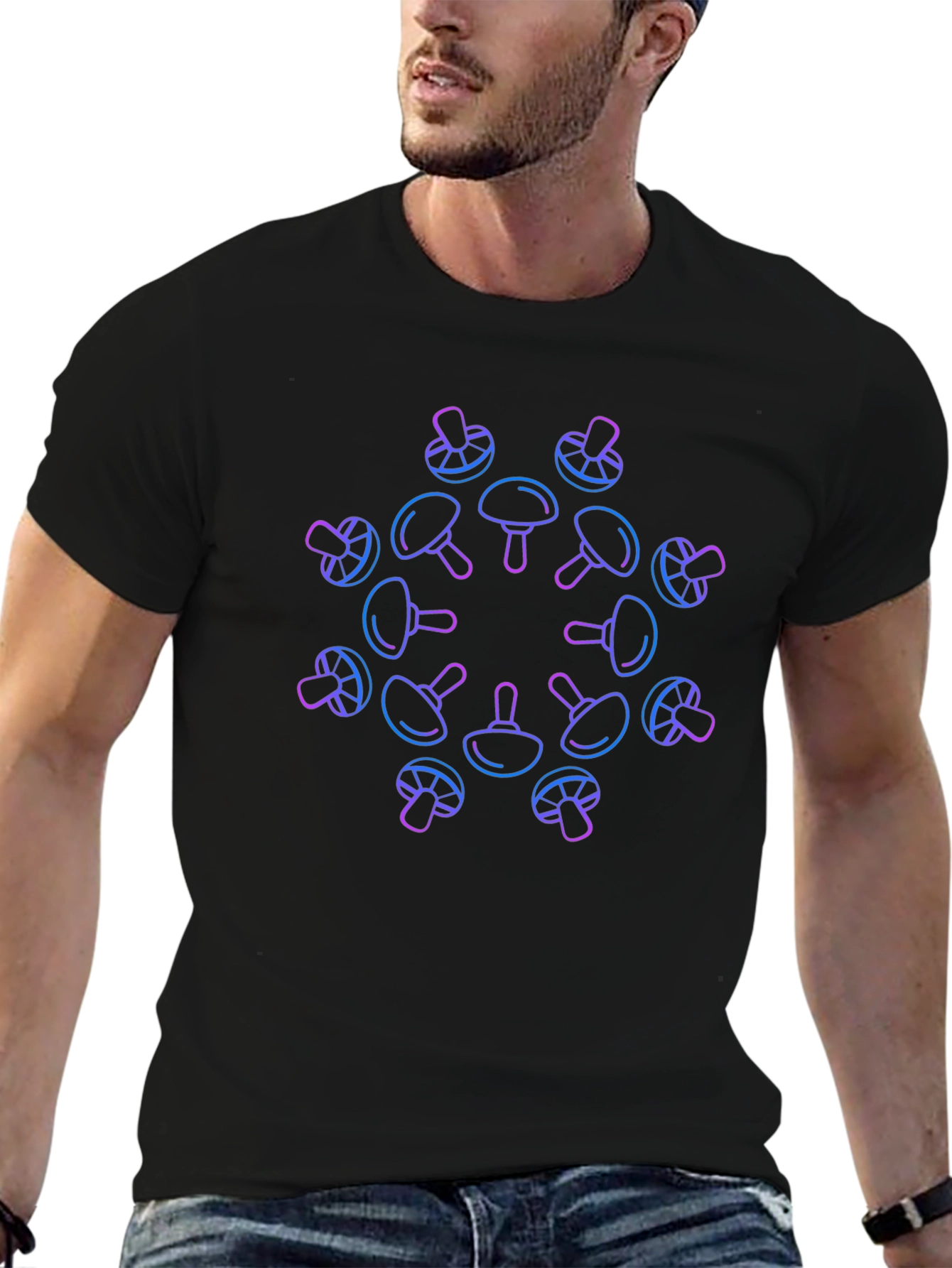 Neon Mushroom Pattern Black T-Shirt