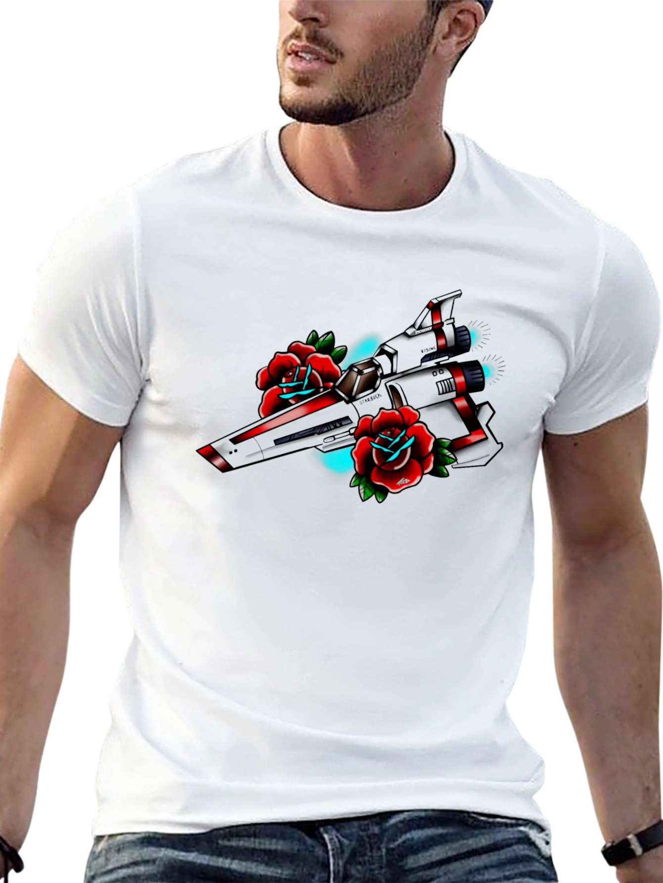 Spaceship and Roses Graphic Tee - Classic Black