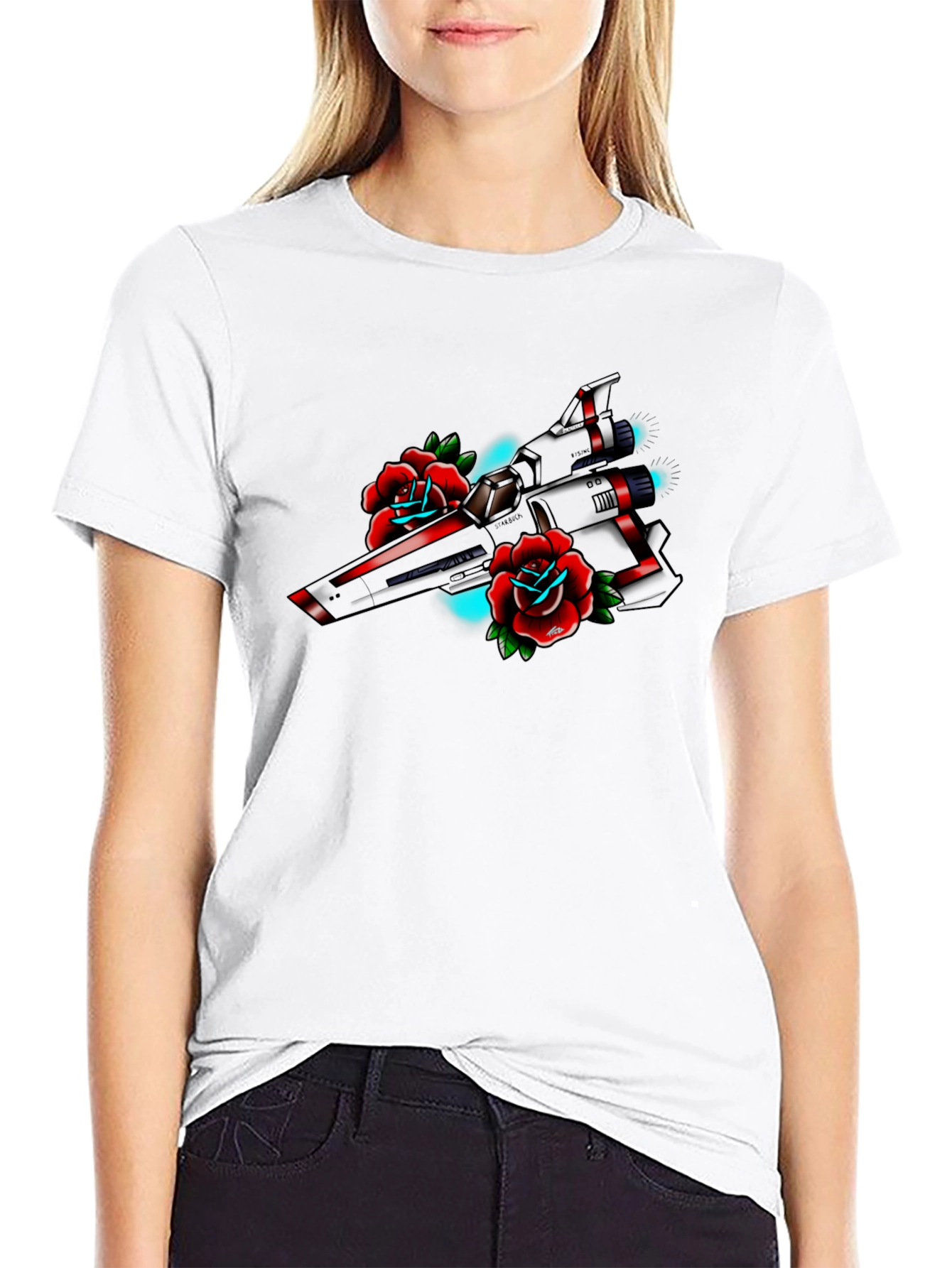 Spaceship and Roses Graphic Tee - Classic Black