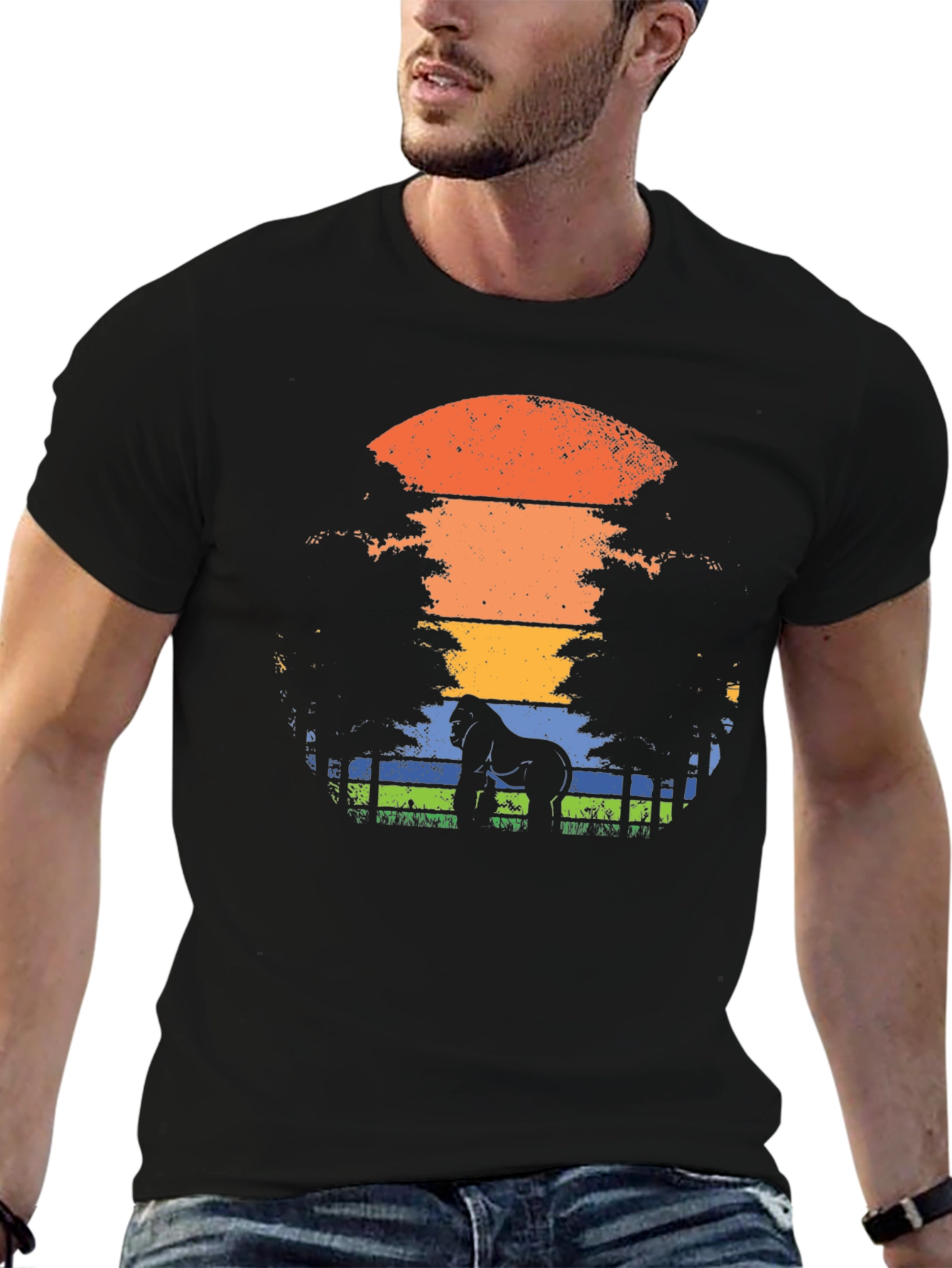 Gorilla Sunset Graphic Tee - Black Casual T-Shirt