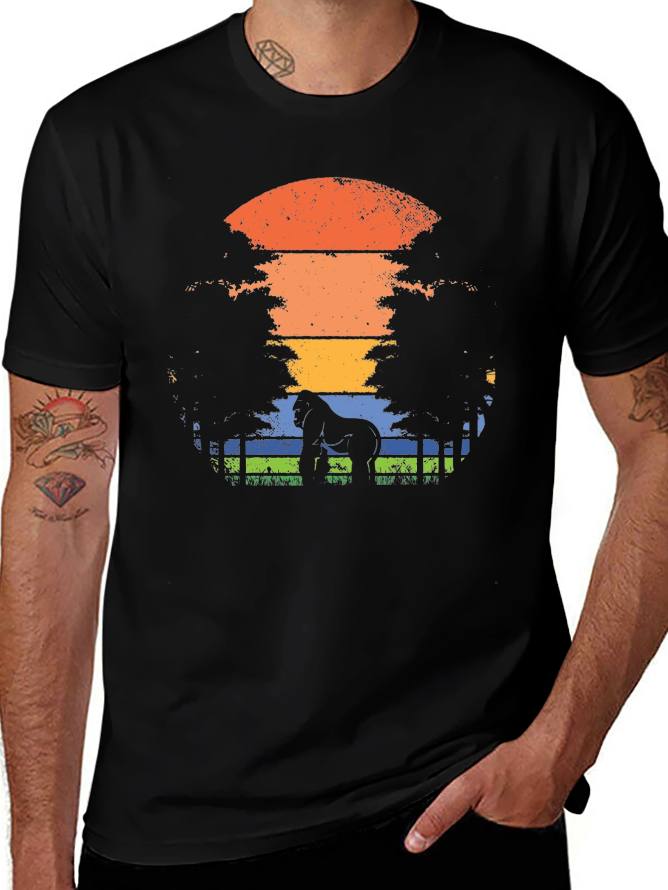 Gorilla Sunset Graphic Tee - Black Casual T-Shirt