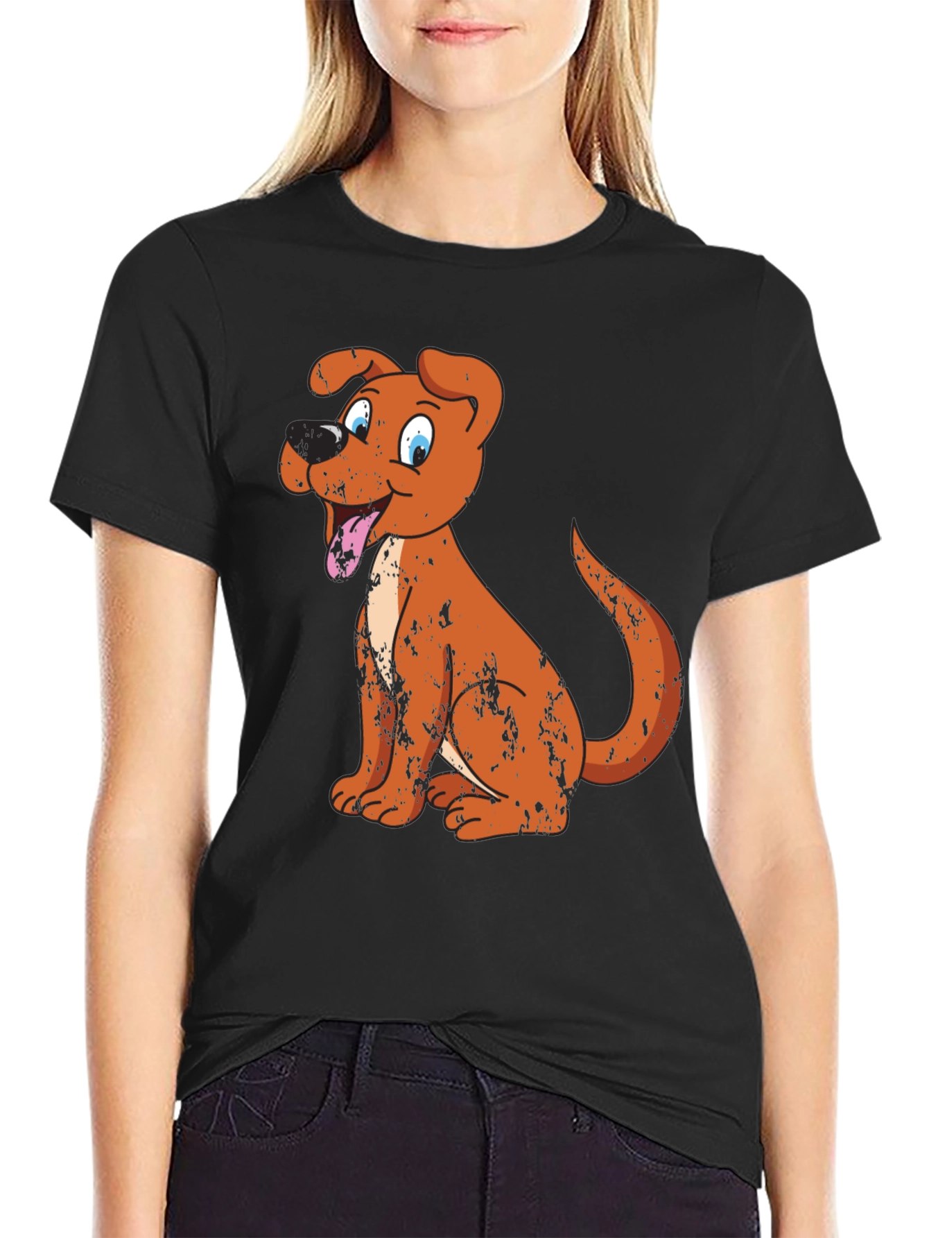 Cartoon Dog Graphic Tee - Black