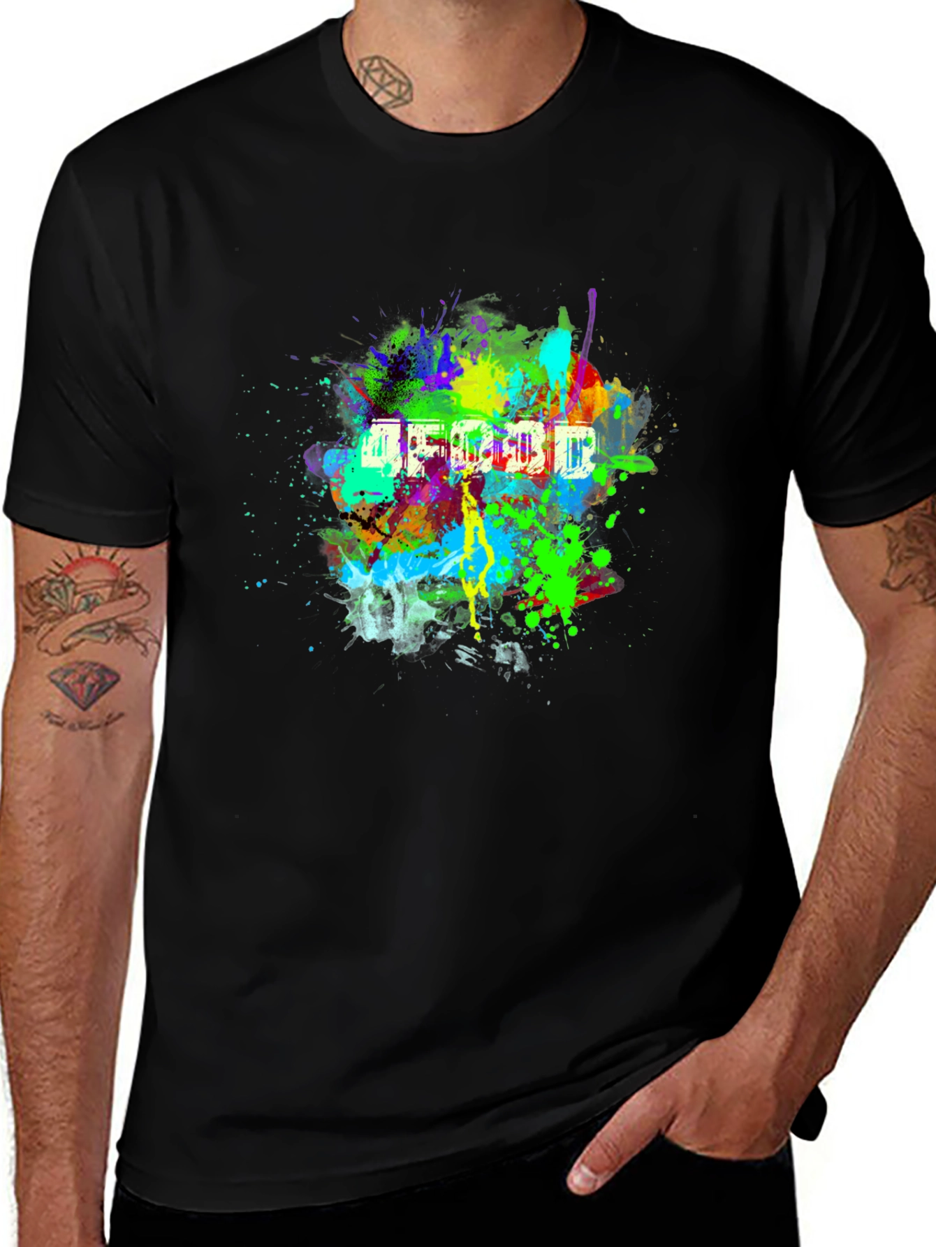Vibrant Abstract Splatter Print Black T-Shirt