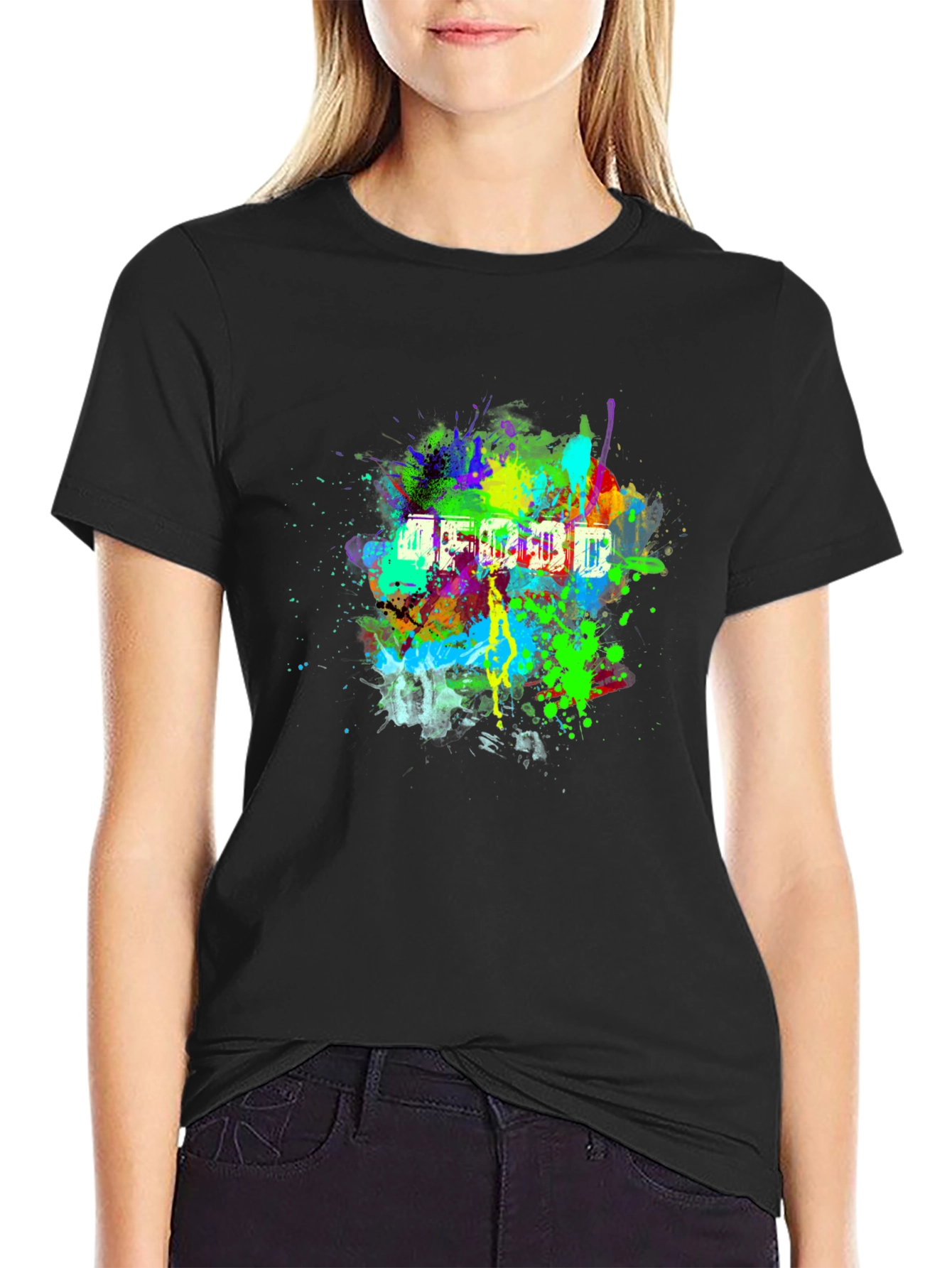 Vibrant Abstract Splatter Print Black T-Shirt