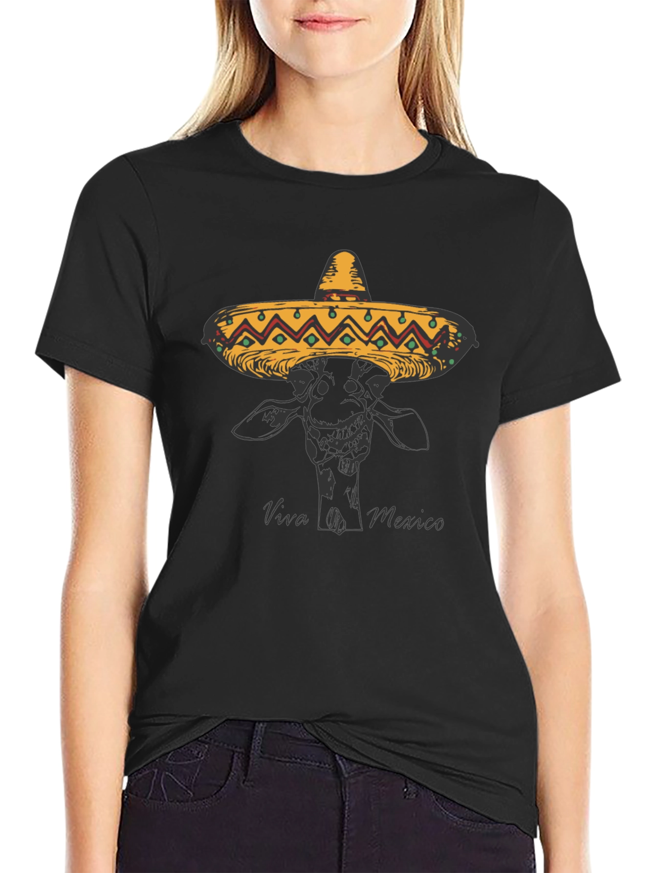 Giraffe in Sombrero Black T-Shirt