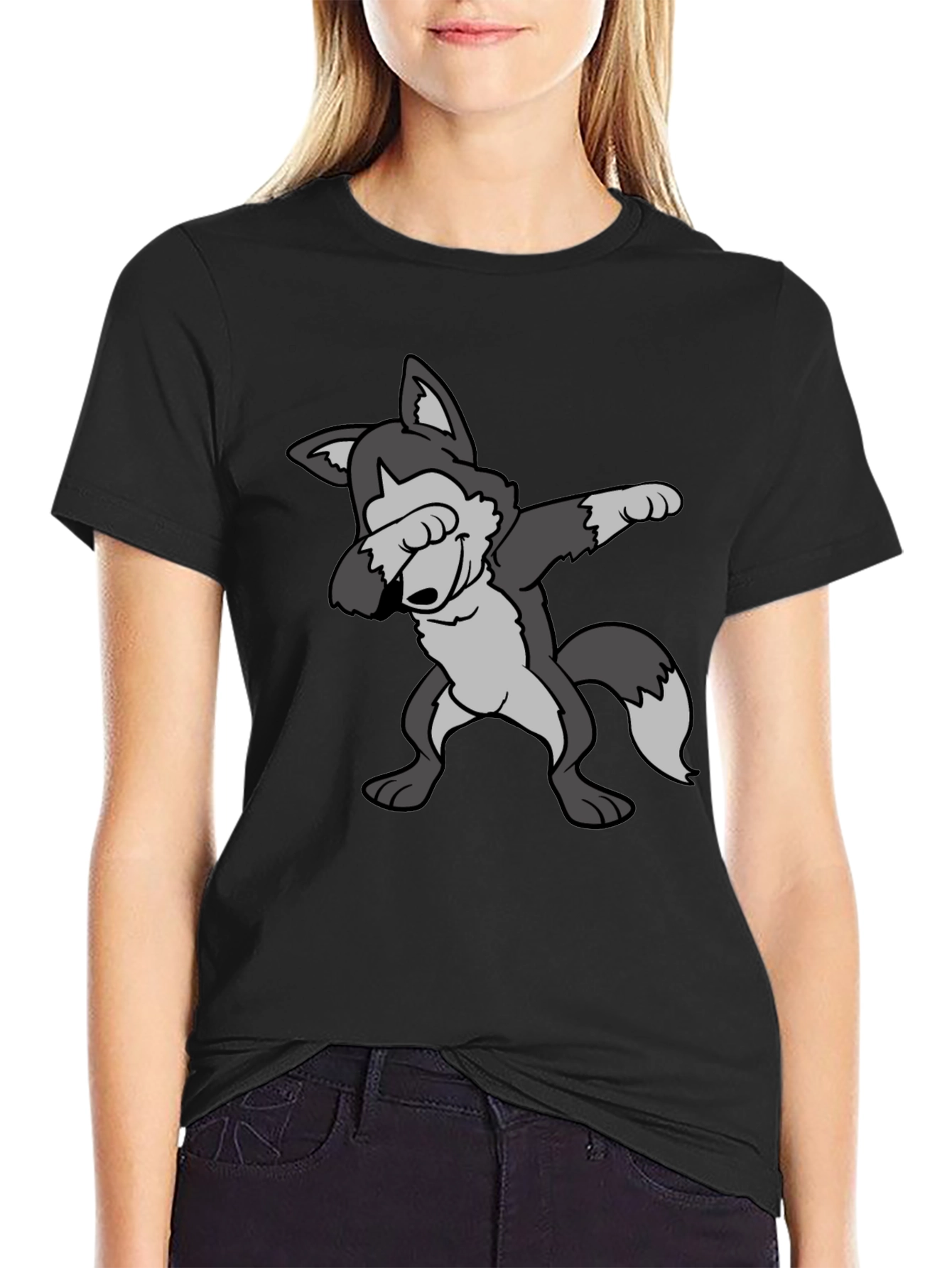 Dabbing Wolf Graphic Tee - Trendy Black T-Shirt