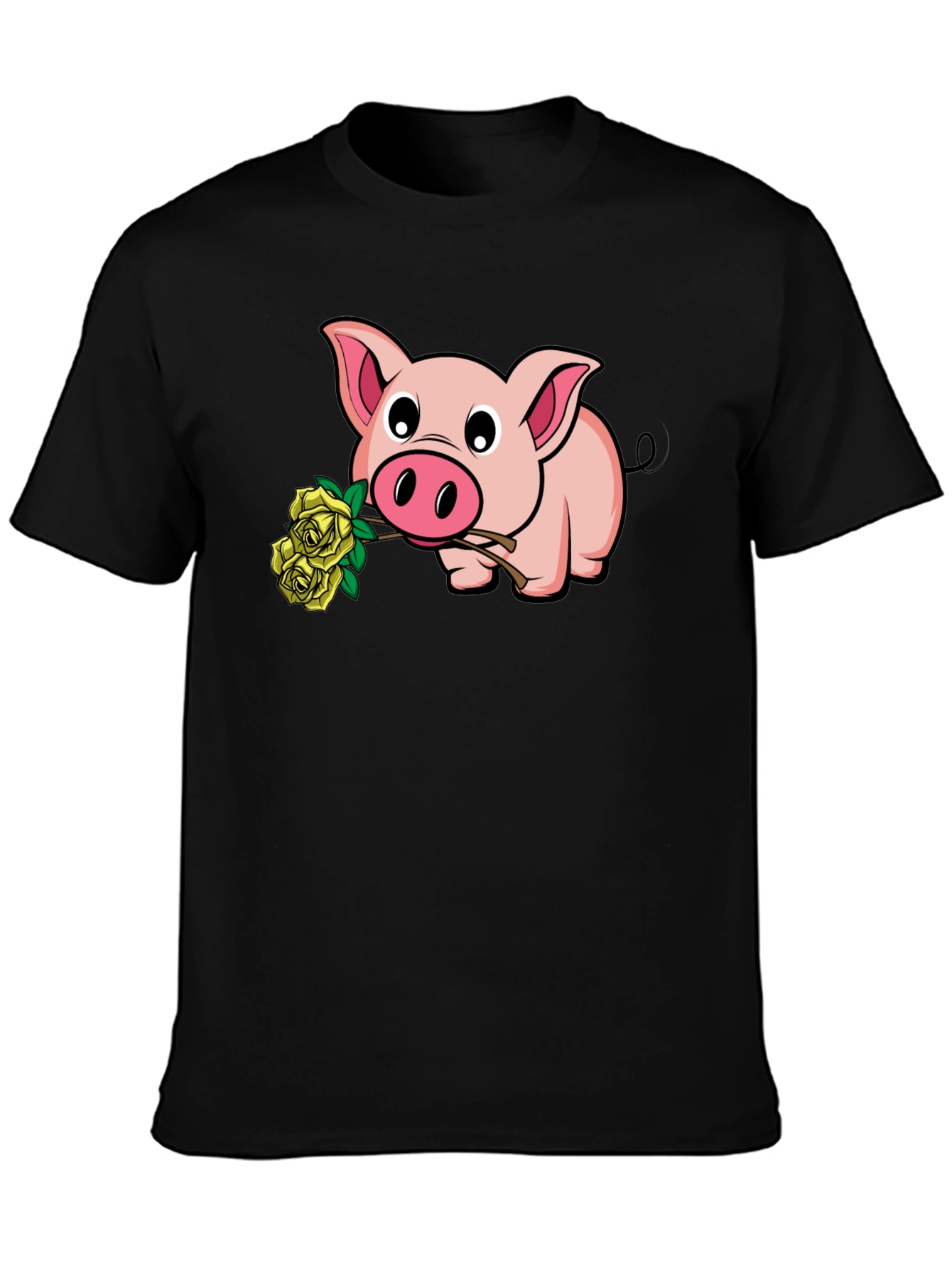 Pig Holding Yellow Roses Graphic T-Shirt
