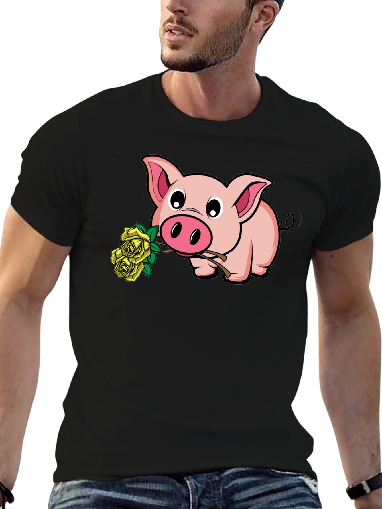 Pig Holding Yellow Roses Graphic T-Shirt