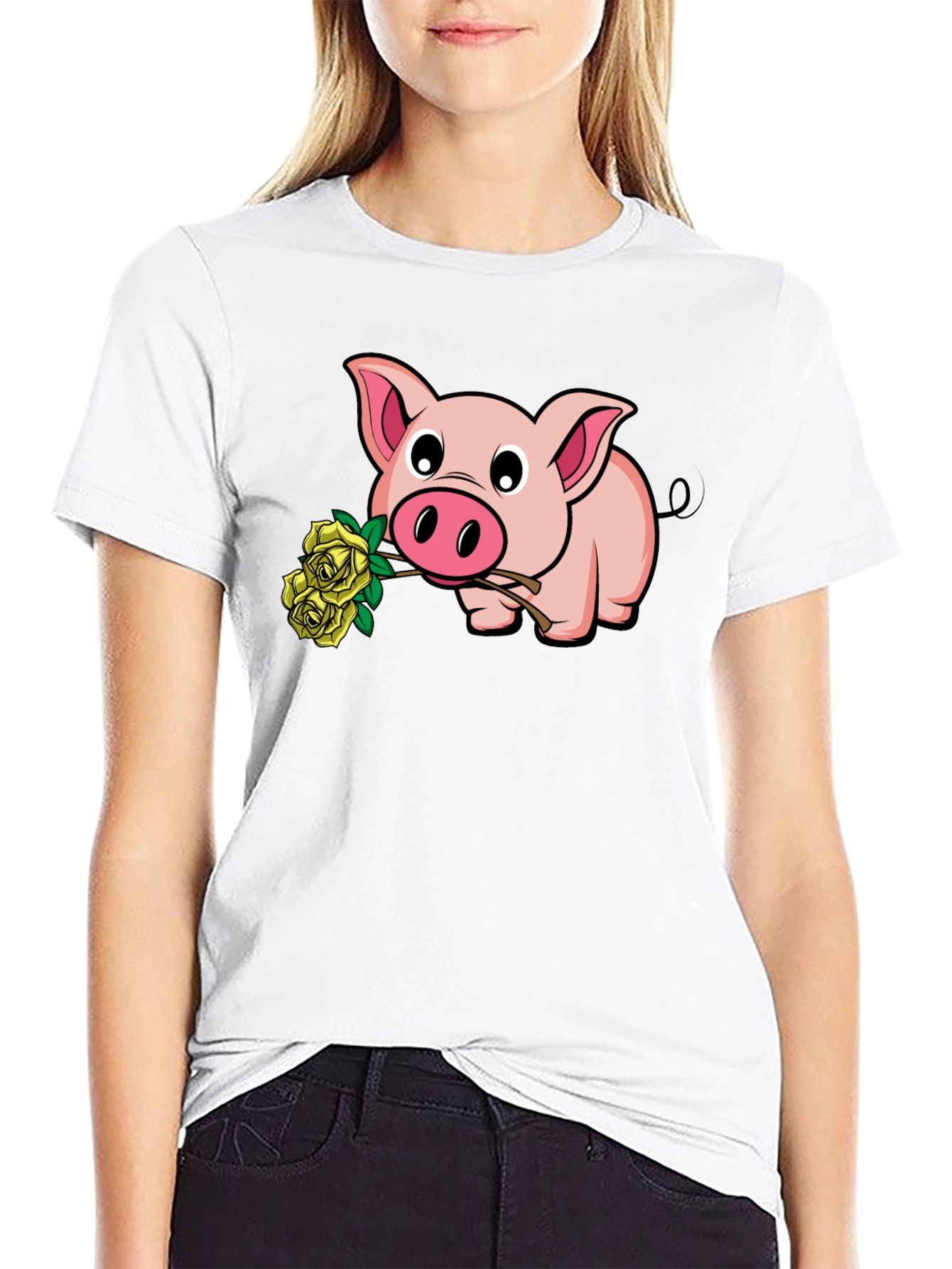 Pig Holding Yellow Roses Graphic T-Shirt