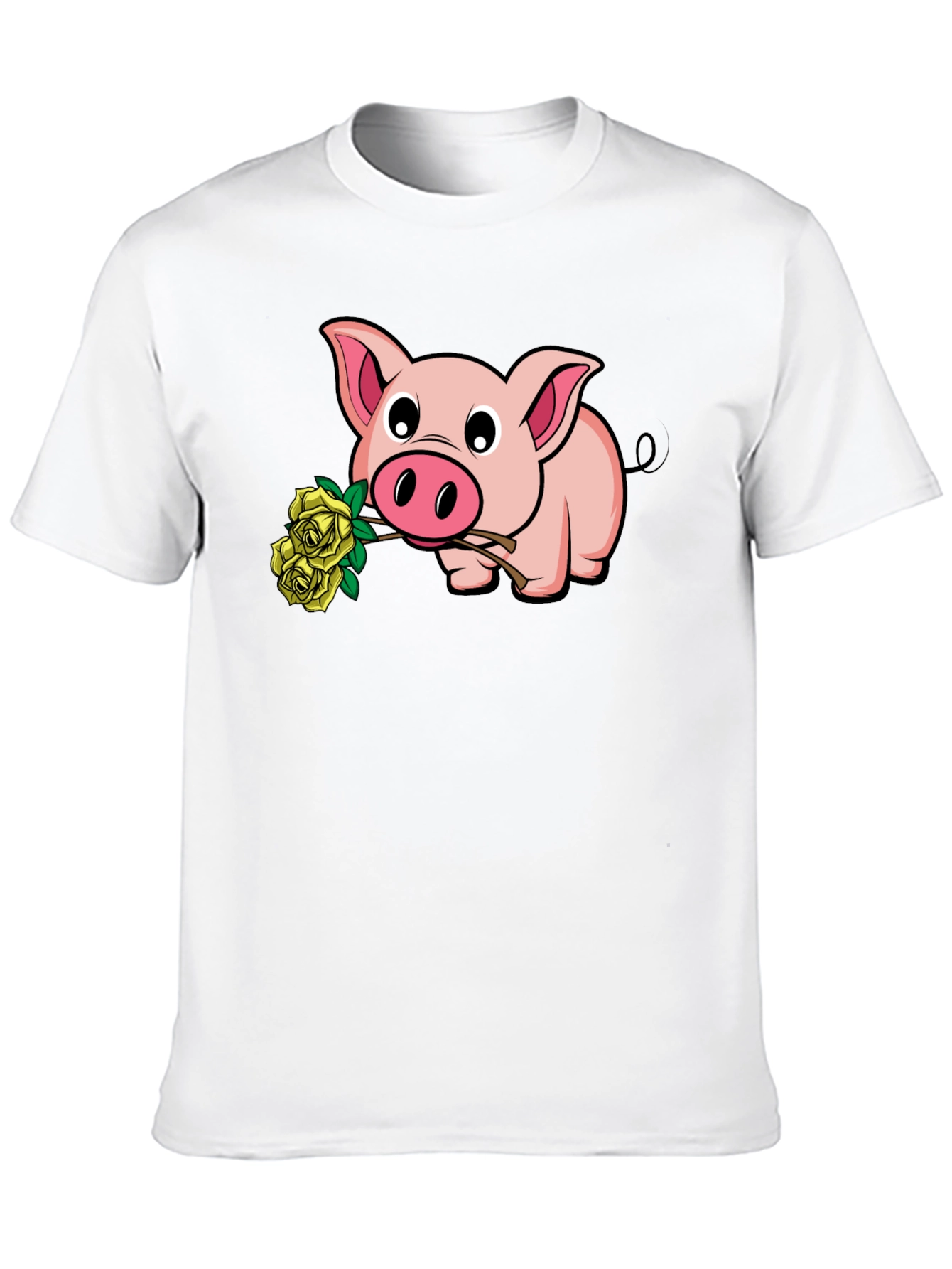 Pig Holding Yellow Roses Graphic T-Shirt