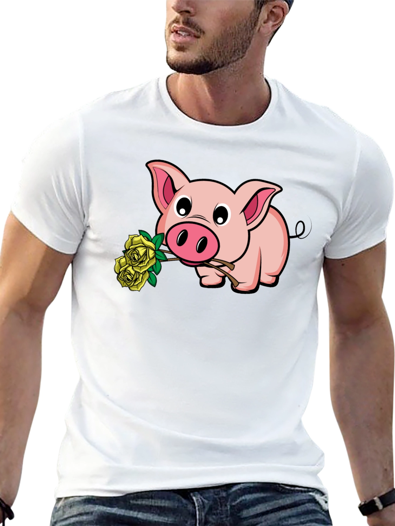 Pig Holding Yellow Roses Graphic T-Shirt
