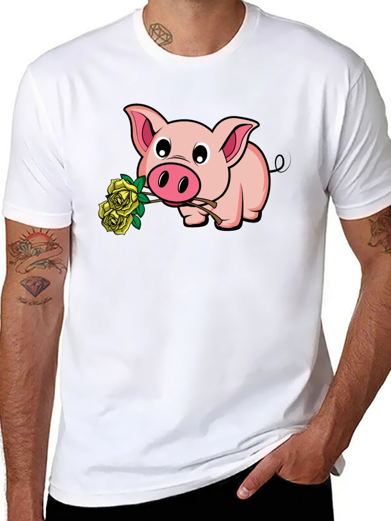 Pig Holding Yellow Roses Graphic T-Shirt