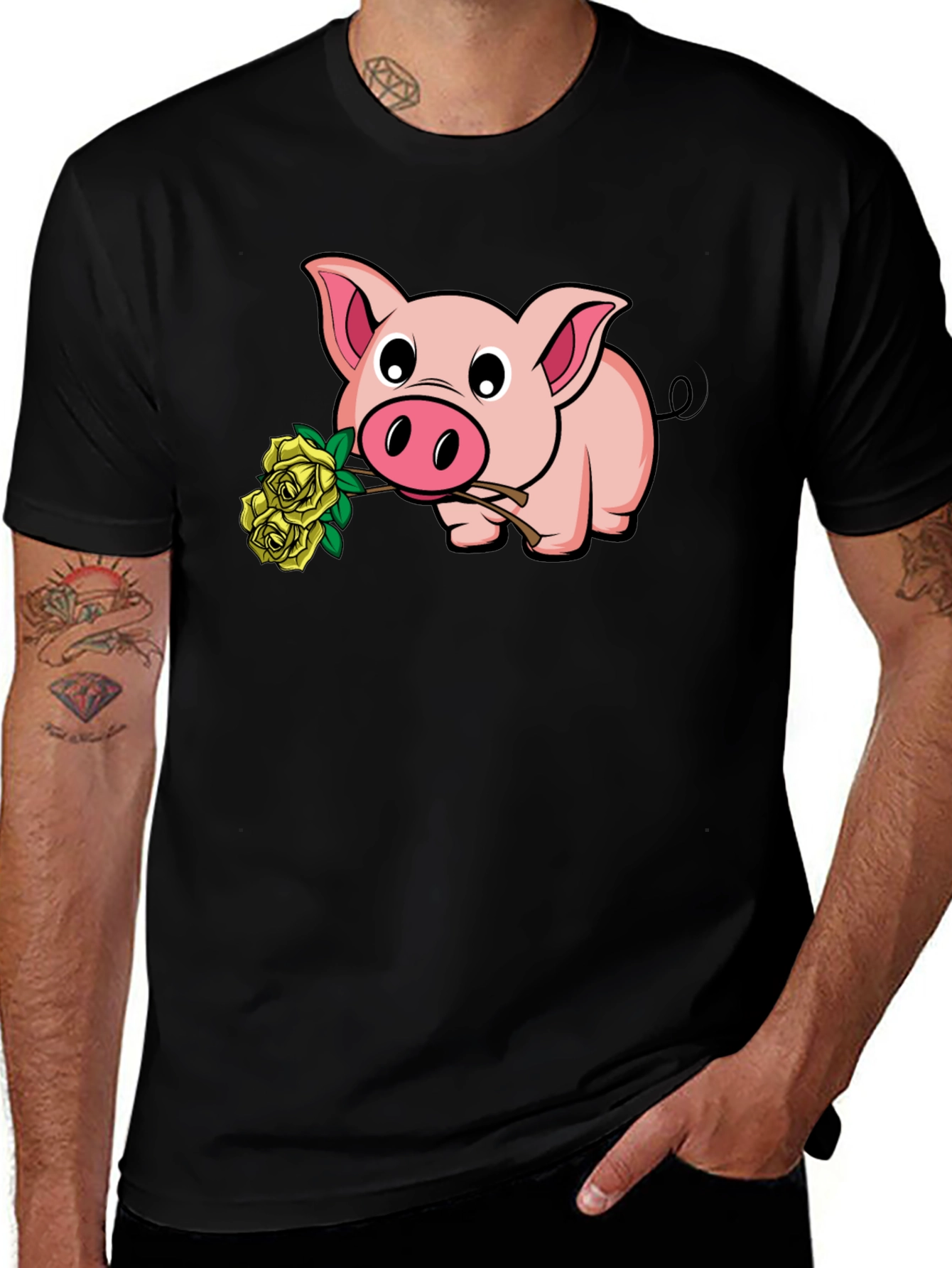 Pig Holding Yellow Roses Graphic T-Shirt