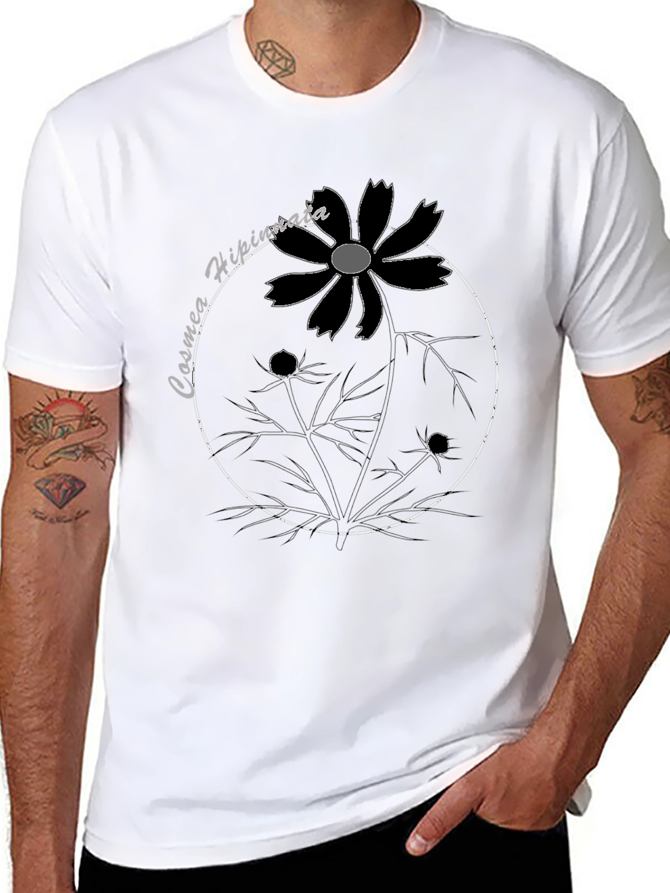 Cosmea Hipinnata Flower Graphic Black T-Shirt