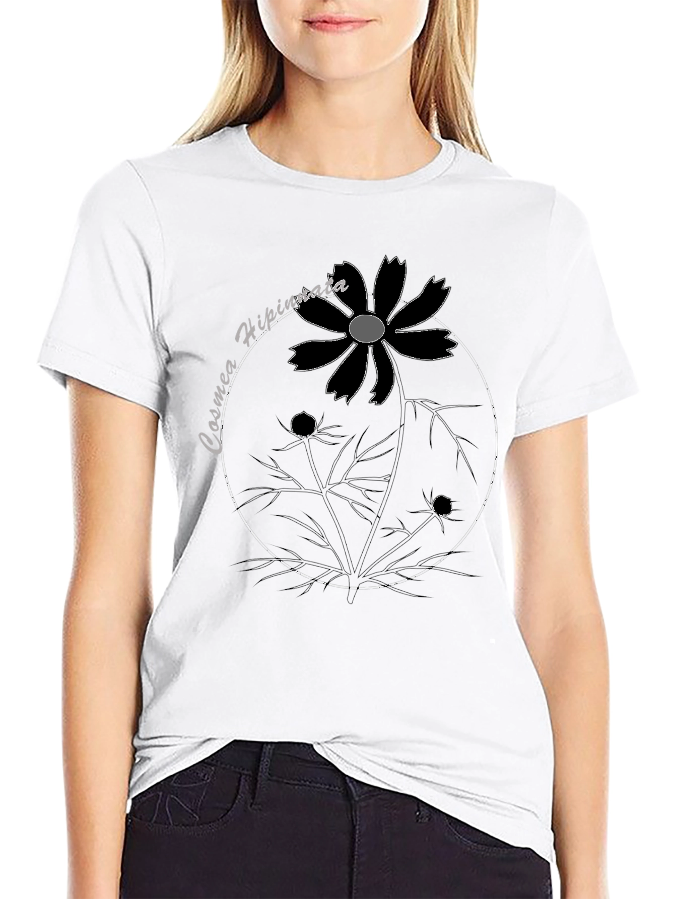 Cosmea Hipinnata Flower Graphic Black T-Shirt