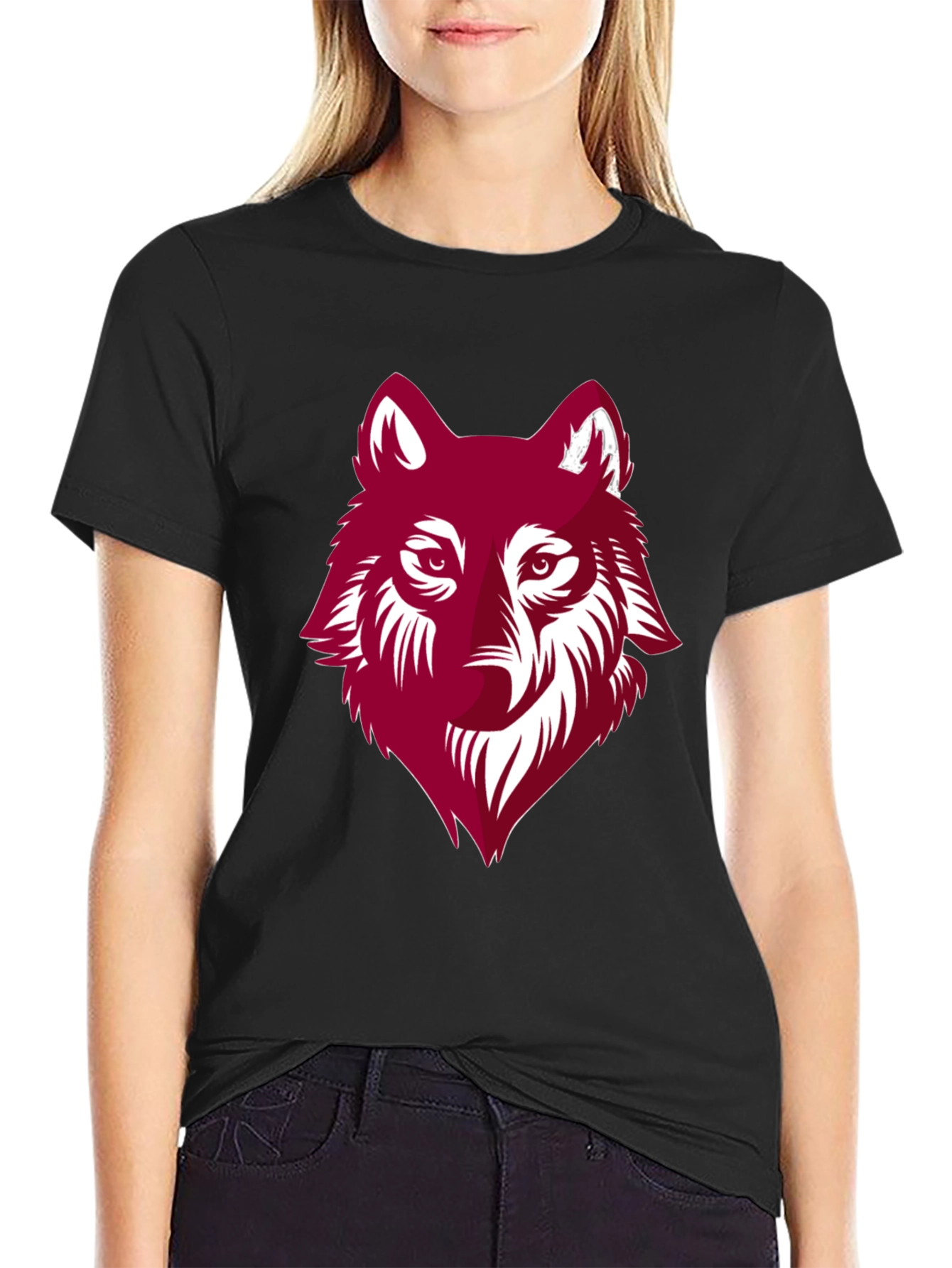 Maroon Wolf Graphic Black T-Shirt