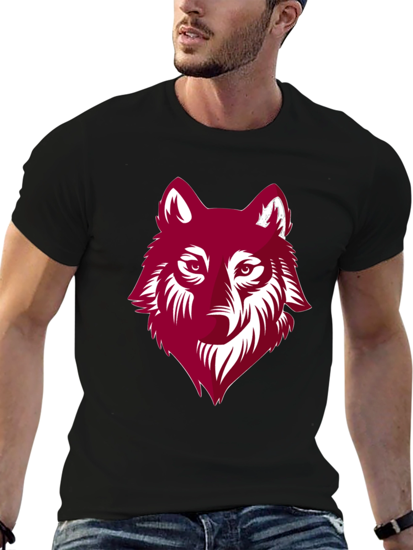 Maroon Wolf Graphic Black T-Shirt