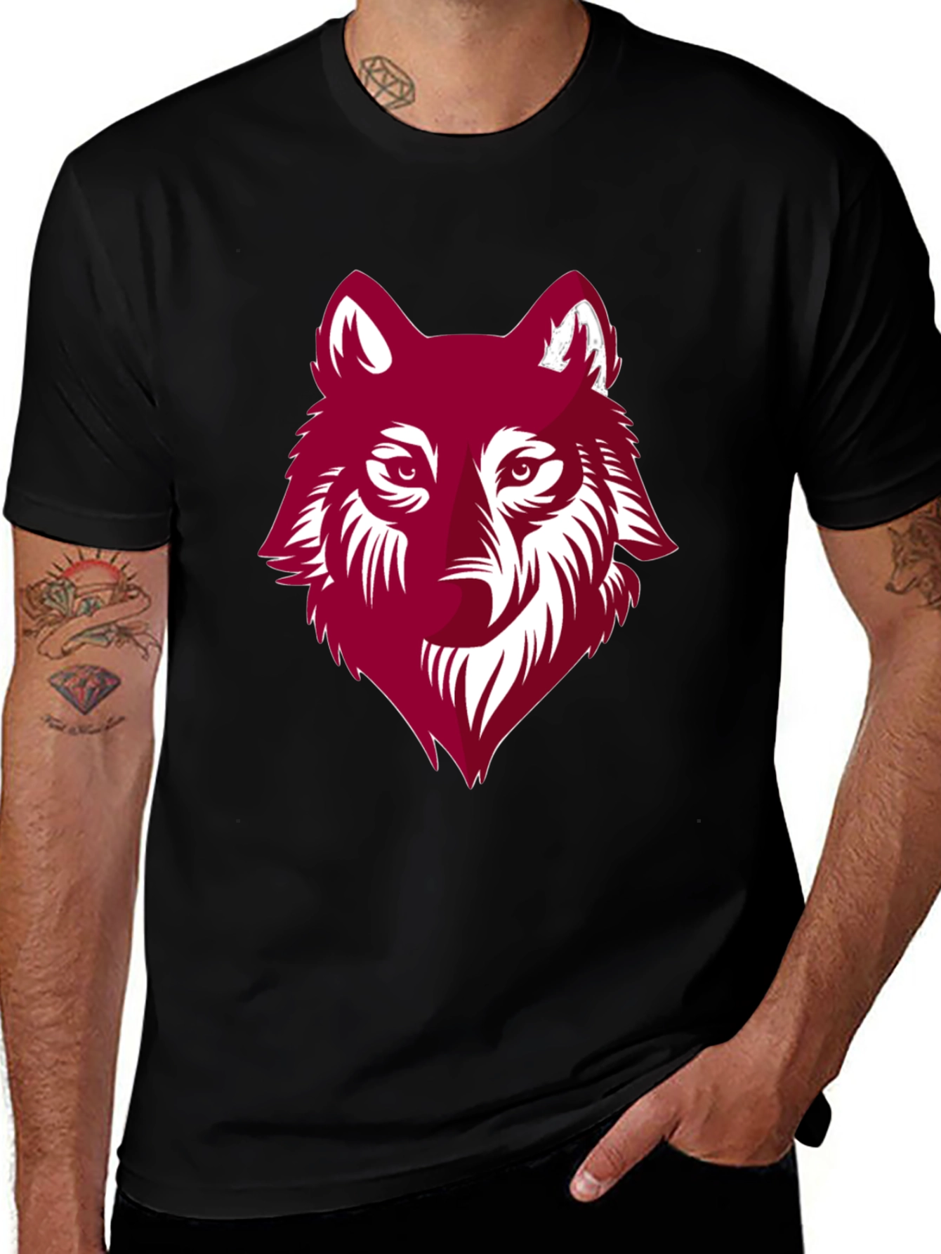 Maroon Wolf Graphic Black T-Shirt