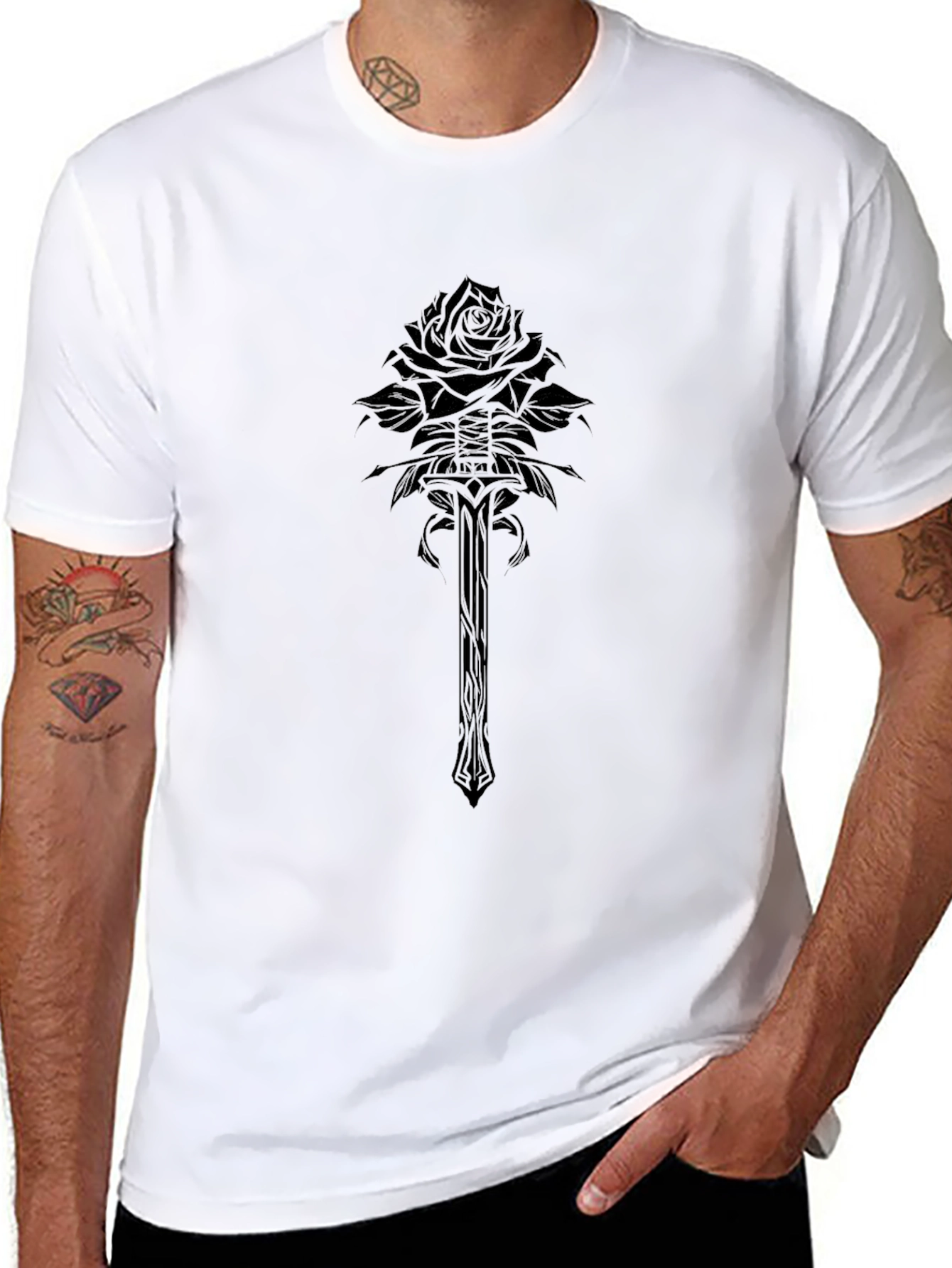 Gothic Rose & Sword Graphic Black T-Shirt