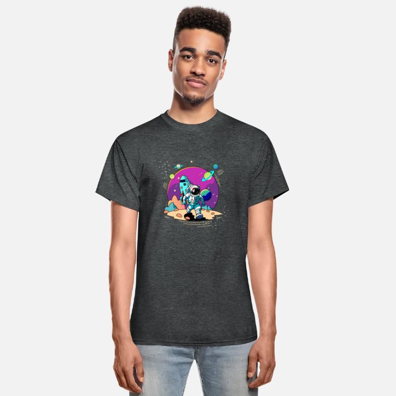 Space astronaut walking in alien planet and rocket