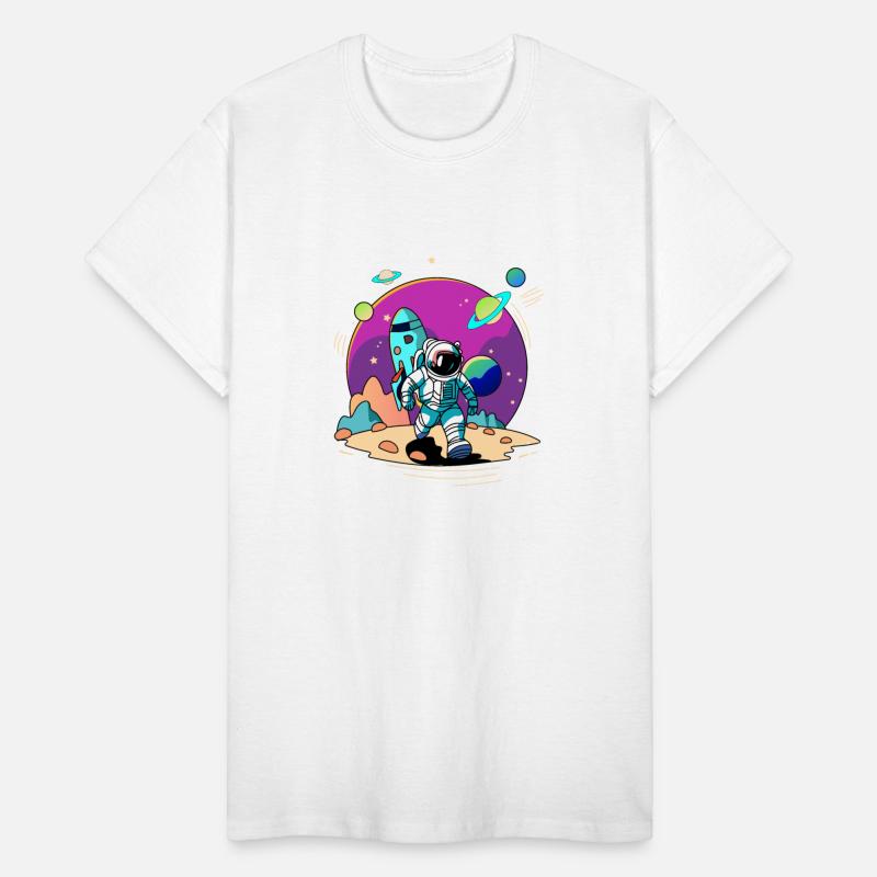 Space astronaut walking in alien planet and rocket