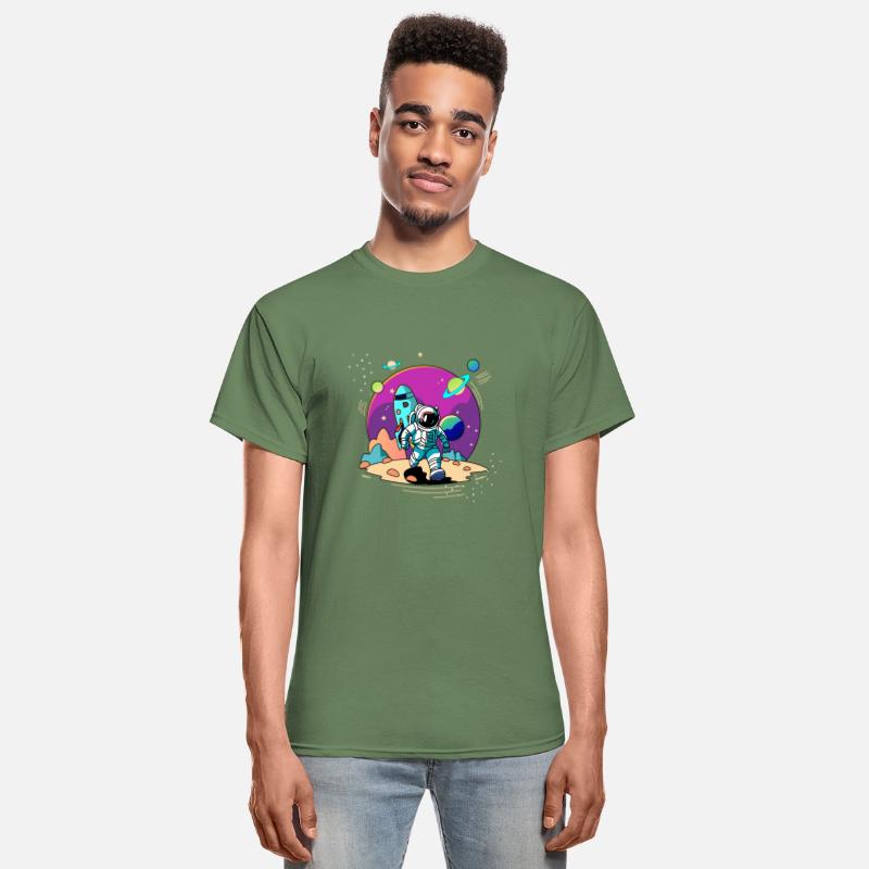 Space astronaut walking in alien planet and rocket