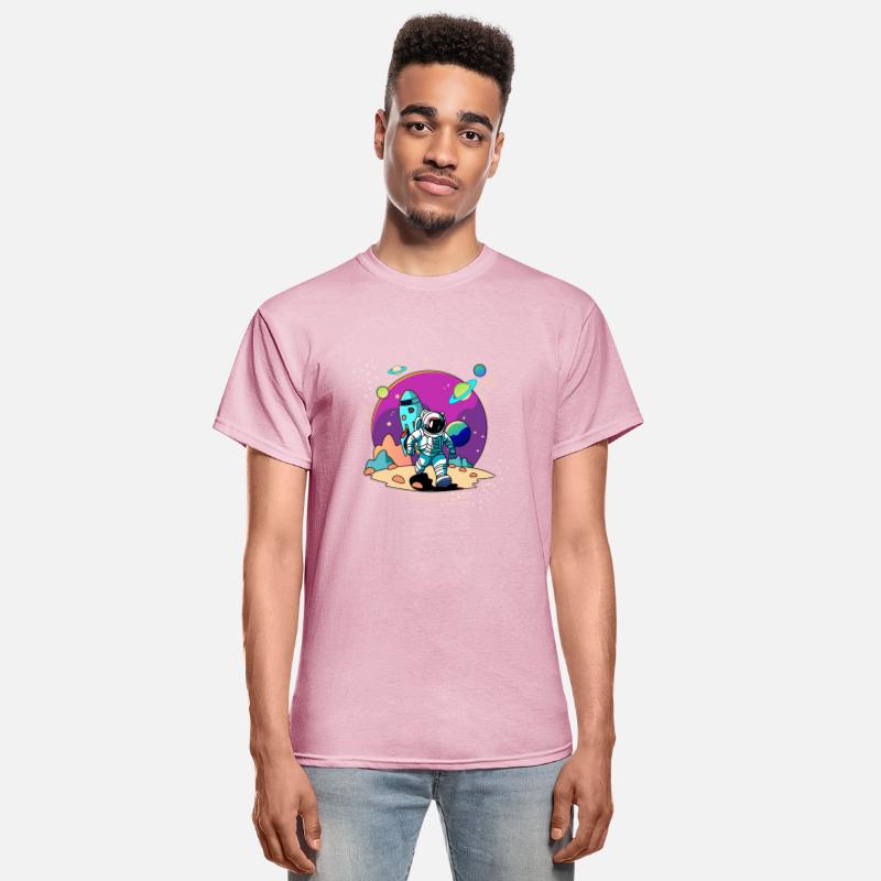 Space astronaut walking in alien planet and rocket