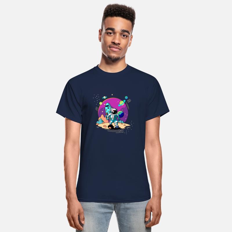Space astronaut walking in alien planet and rocket