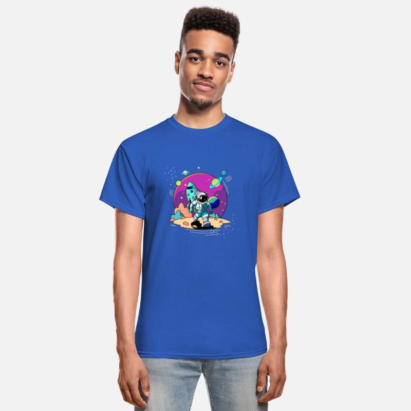 Space astronaut walking in alien planet and rocket