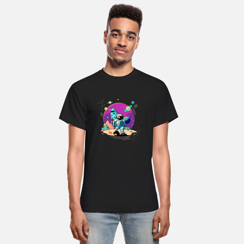 Space astronaut walking in alien planet and rocket