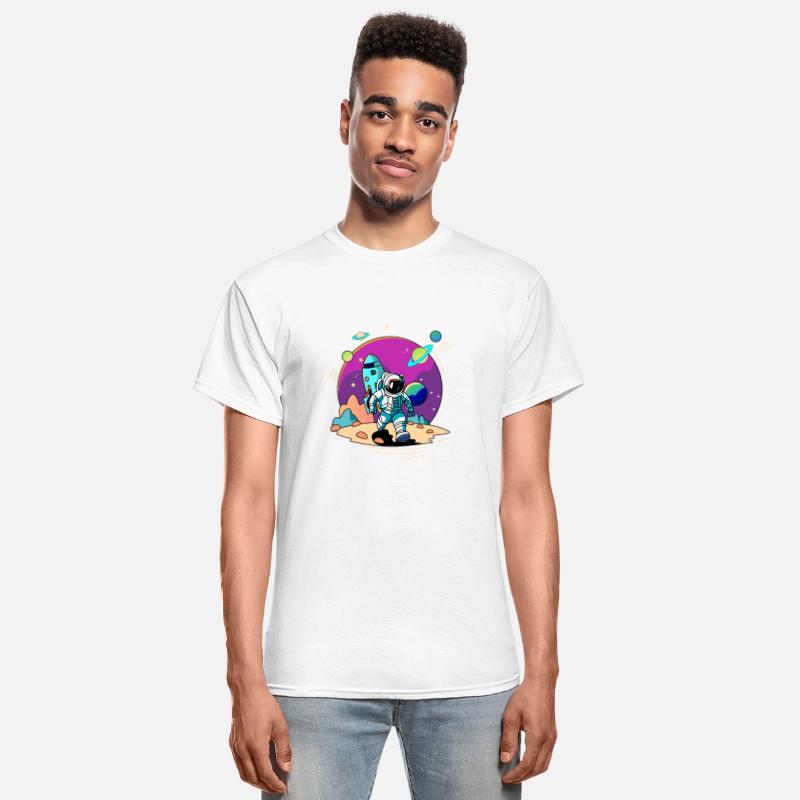 Space astronaut walking in alien planet and rocket