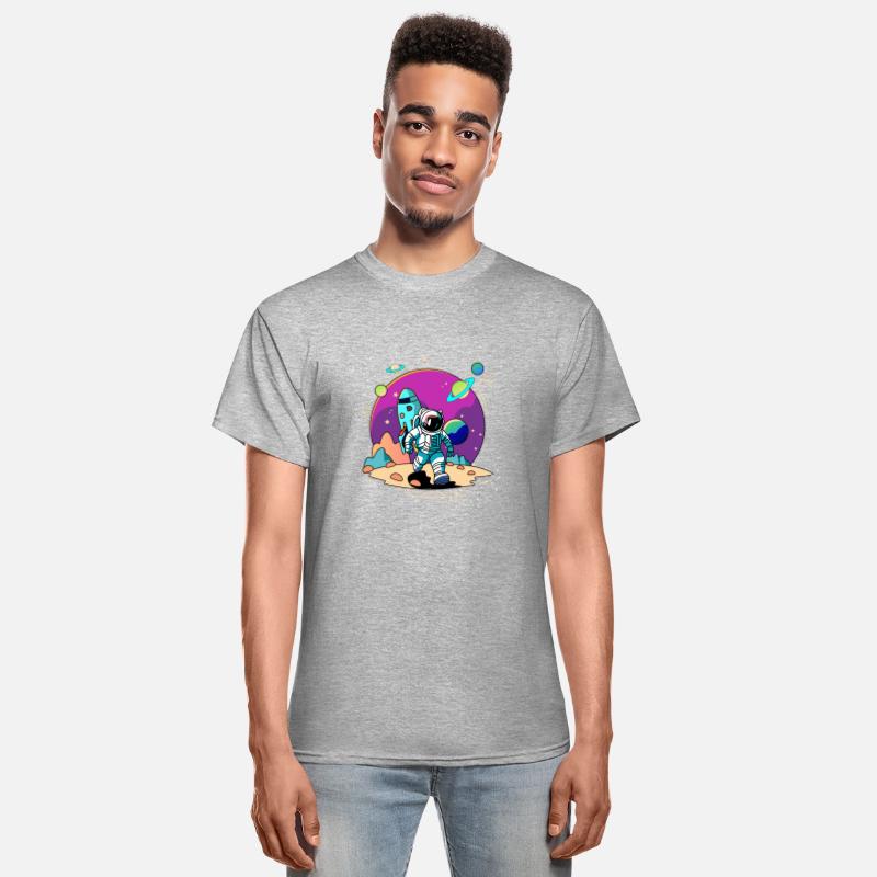 Space astronaut walking in alien planet and rocket