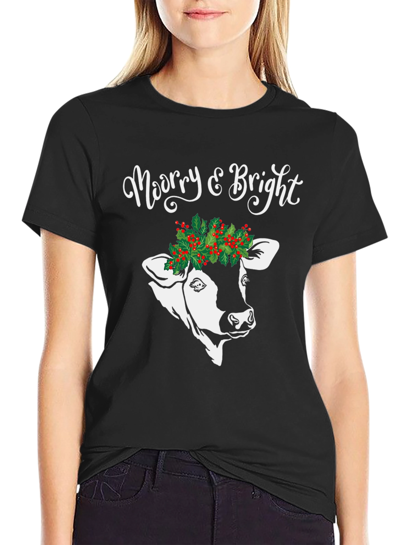 Merry & Bright Cow Christmas Graphic Tee